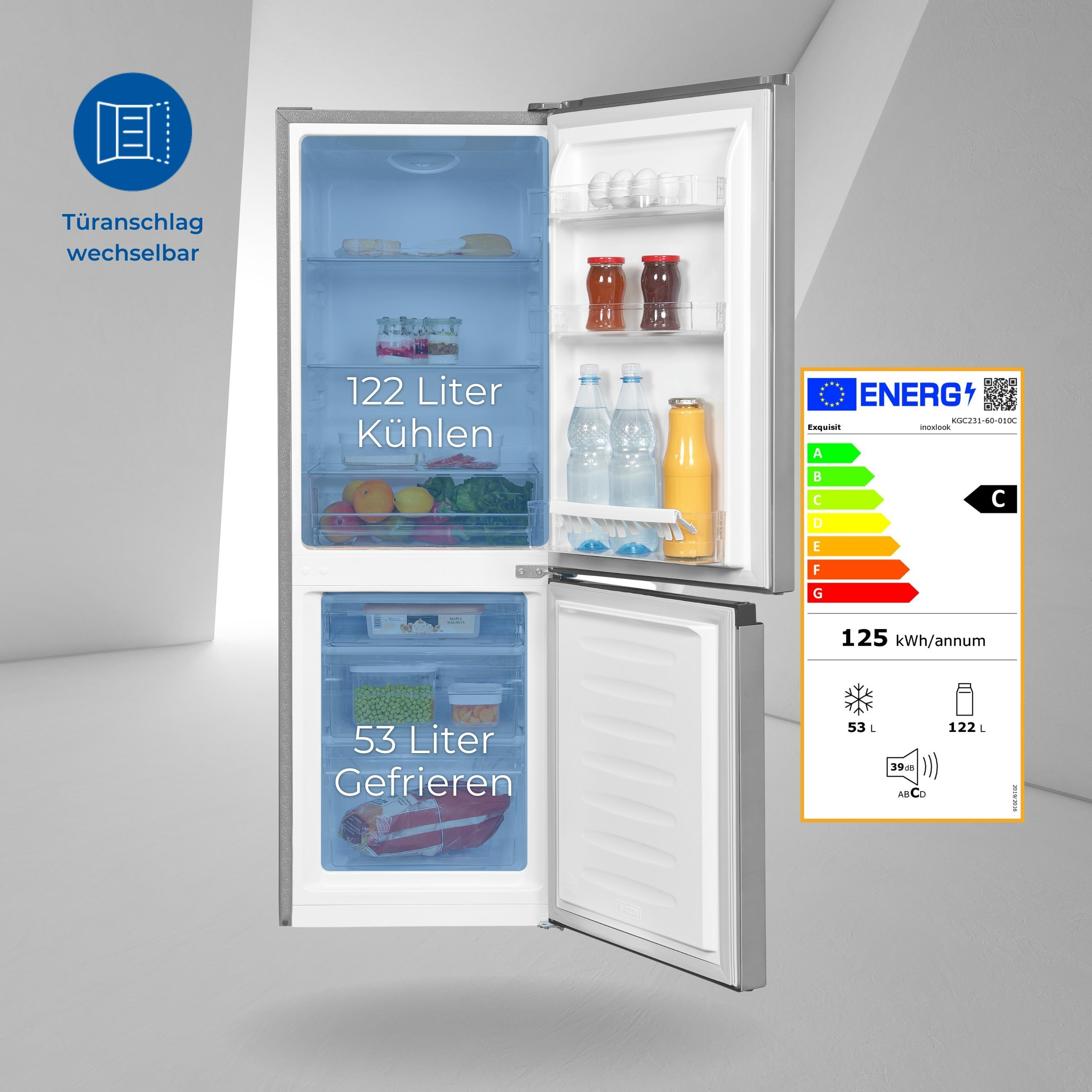 Kühlschrank mit offenen Türen, zeigt den Inhalt und ein Energielabel.