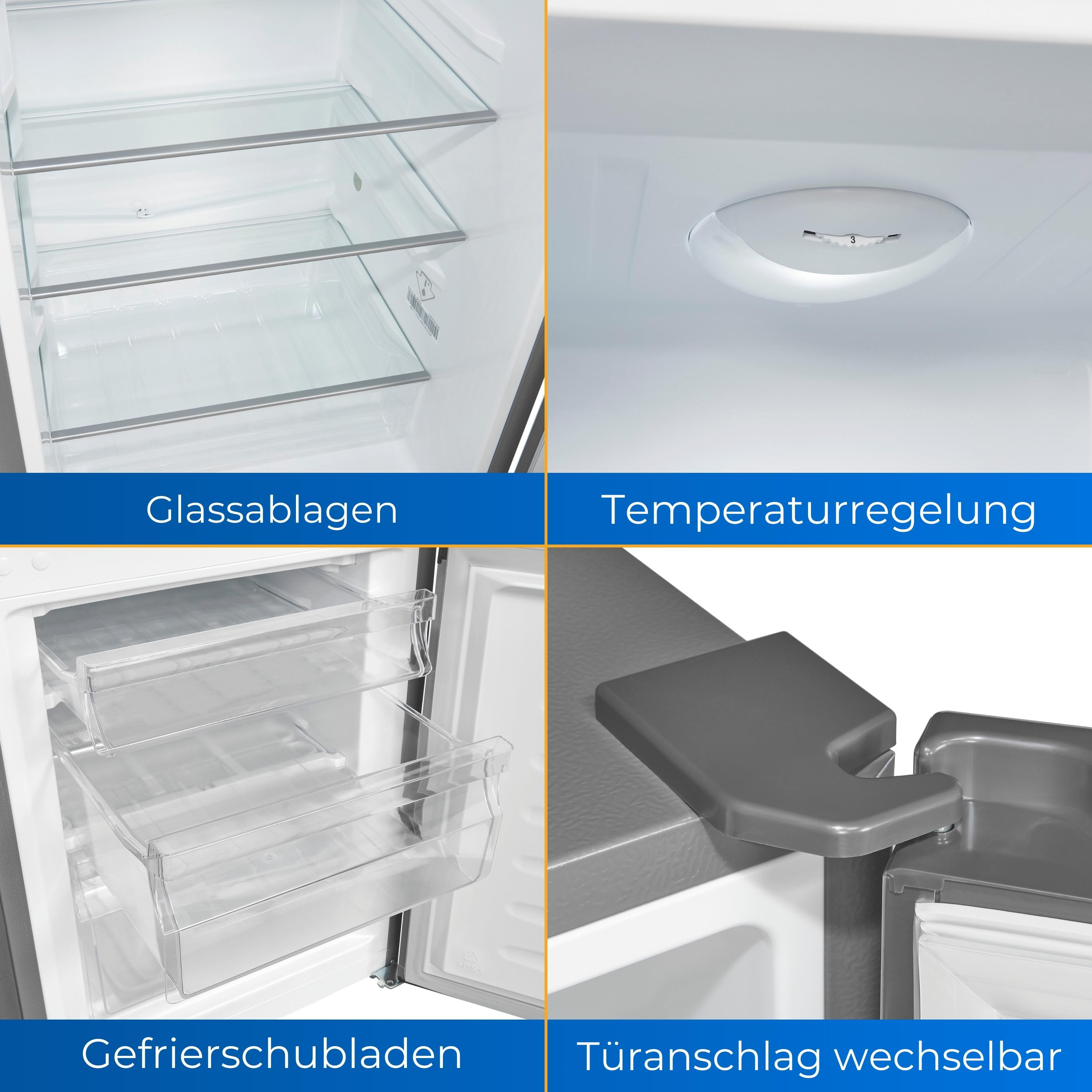Kühlschrankinnenraum mit Glasablagen, Temperaturregelung, Gefrierschubladen und reversibler Tür.