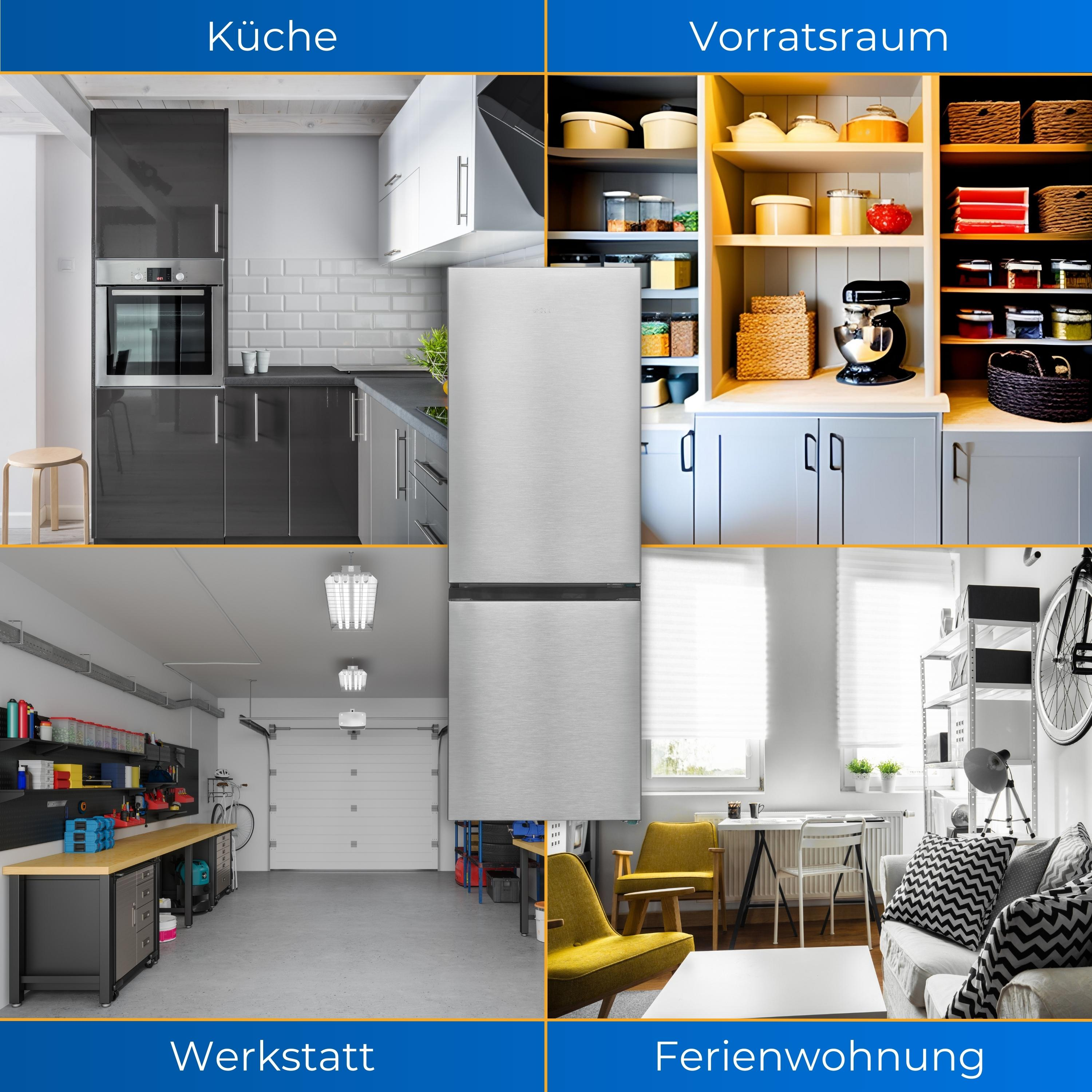 Collage von Räumen: Küche, Speisekammer, Werkstatt und Ferienwohnung, mit Kühlschrank in der Mitte.