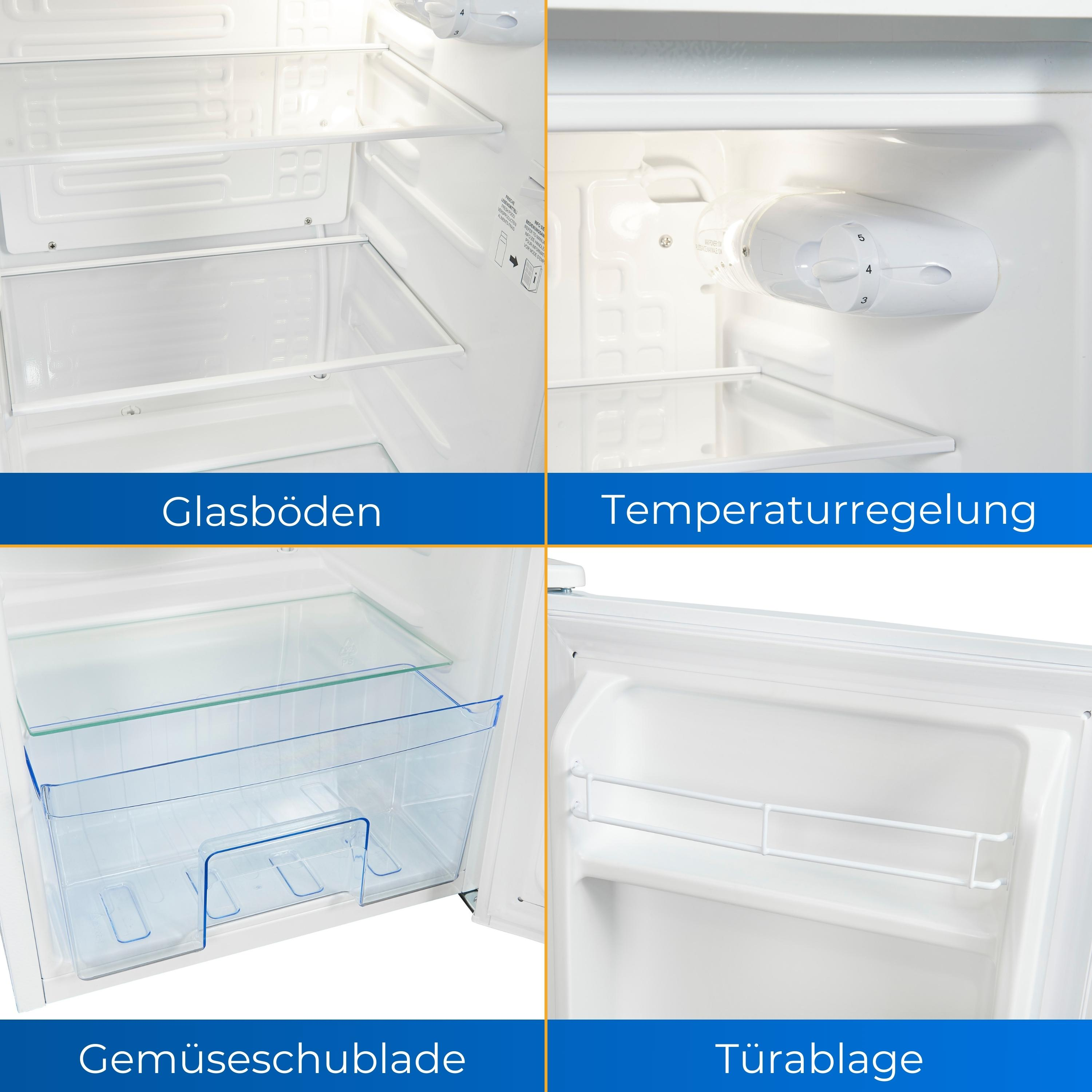 Vier Bilder eines Kühlschrankinnenraums. Zeigt Glasböden, Temperaturregelung, eine Gemüseschublade und Türablagen.
