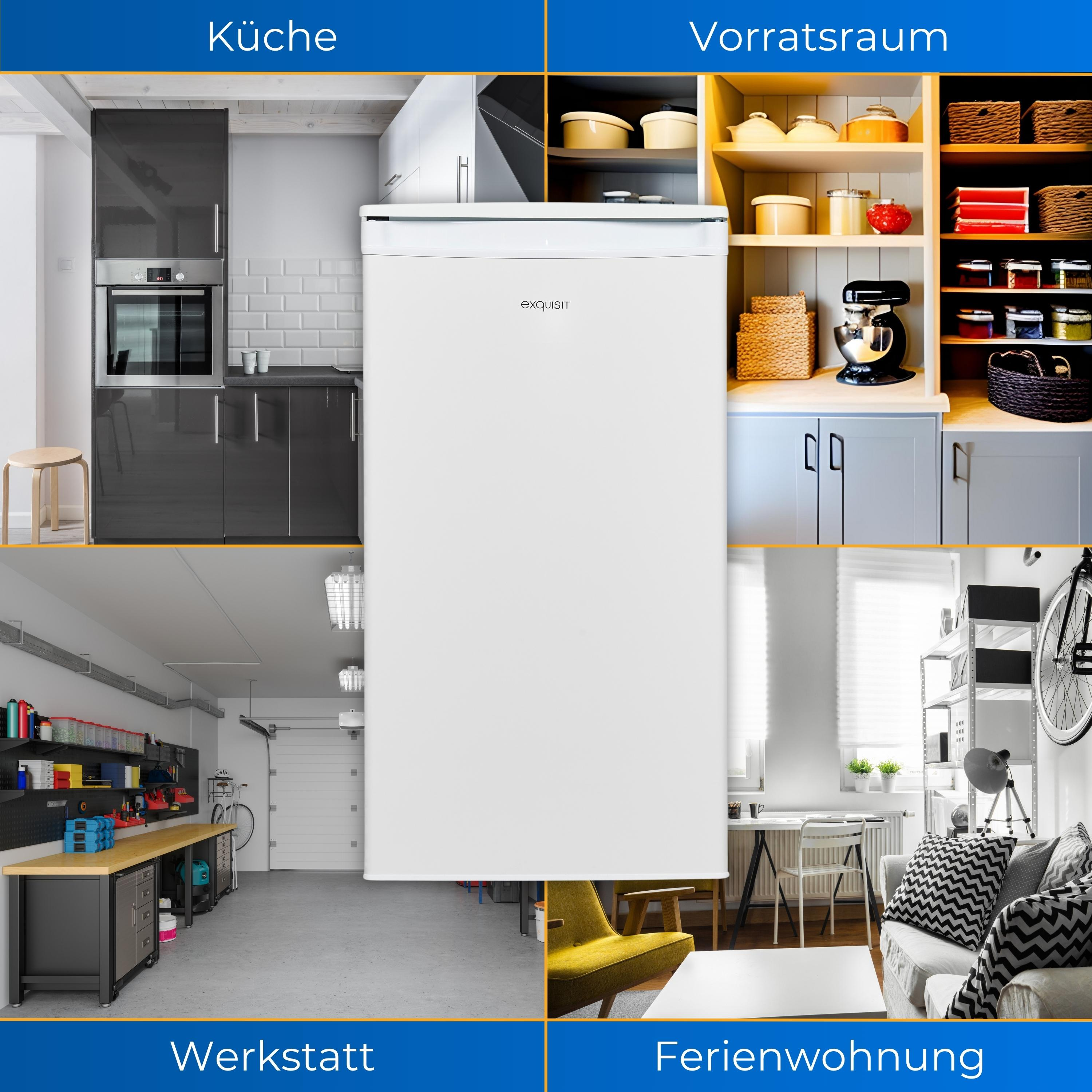 Collage mit Szenen von Küche, Vorratsraum, Werkstatt und Ferienhaus mit einem weißen Kühlschrank.