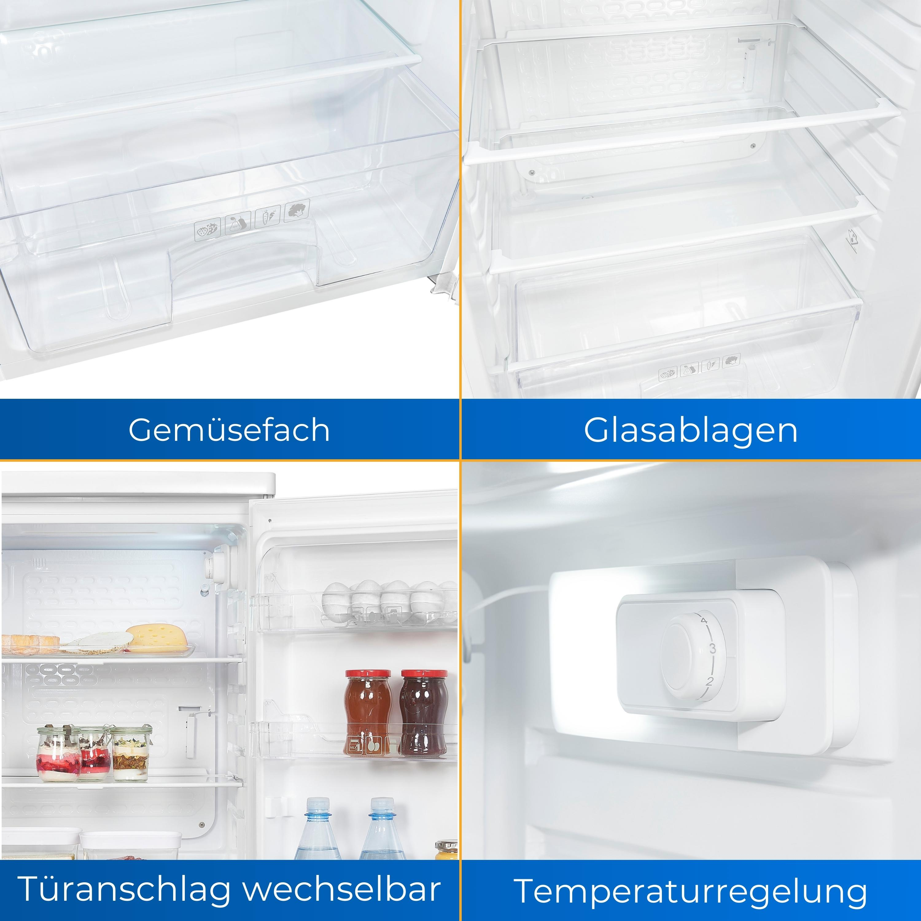 Interior del refrigerador con compartimento de verduras, estantes, opción de bisagra de puerta y dial de control de temperatura.