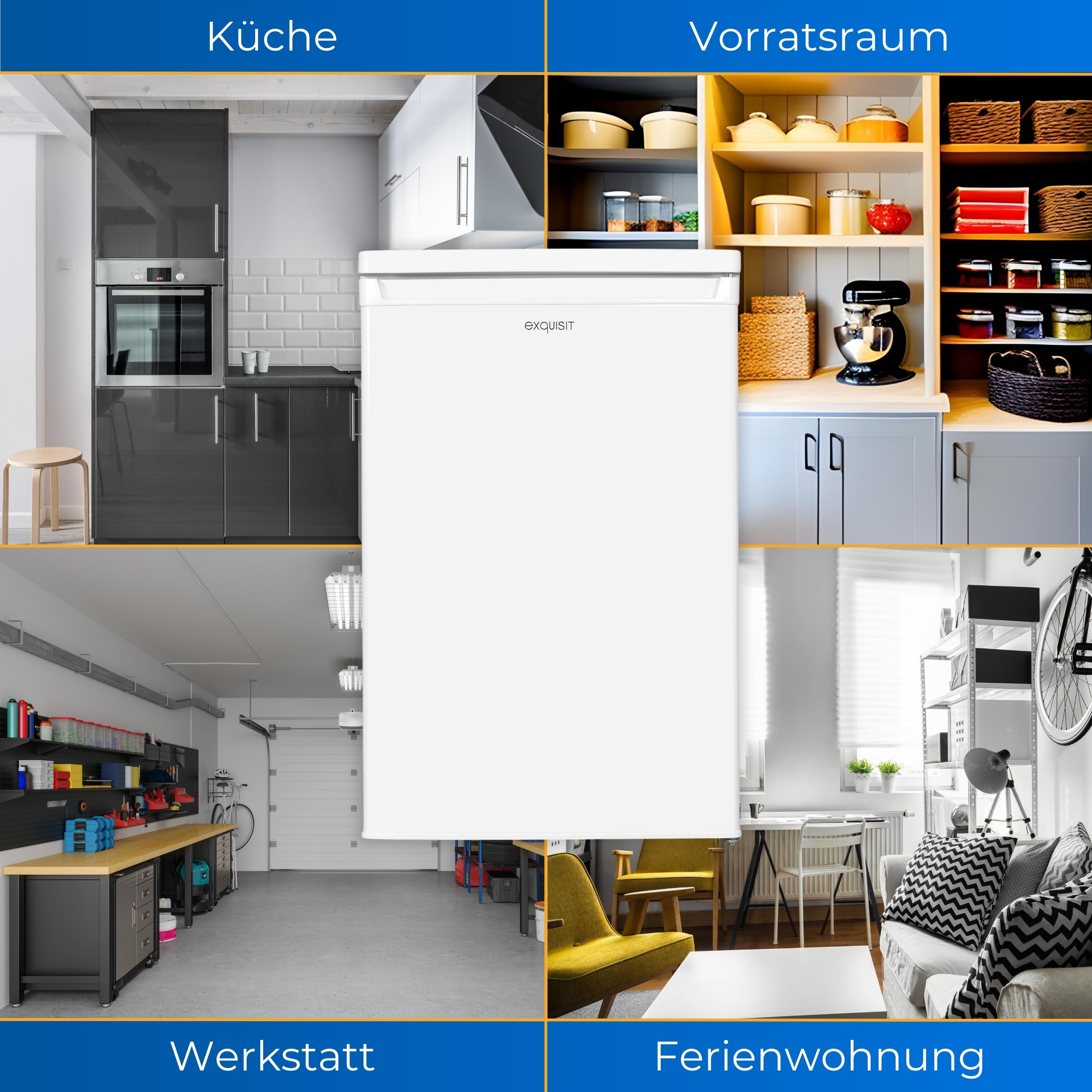 Un refrigerador blanco en diferentes entornos: cocina, despensa, taller y casa de vacaciones.