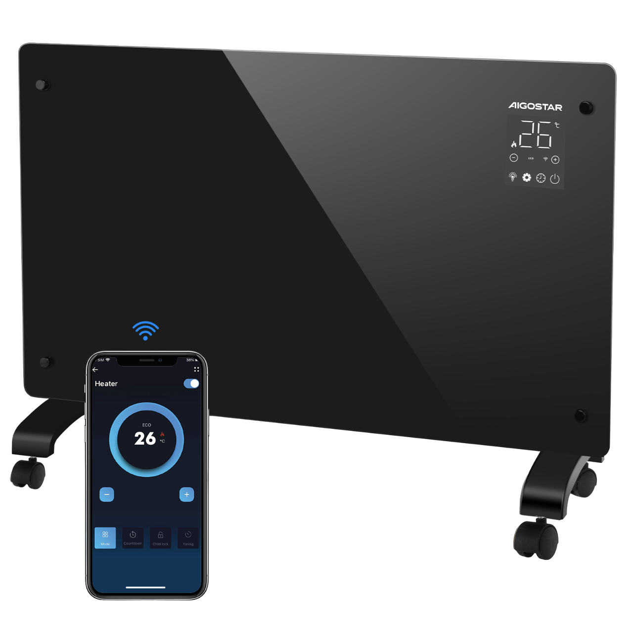 Calentador Aigostar negro con un smartphone que muestra su interfaz de control.