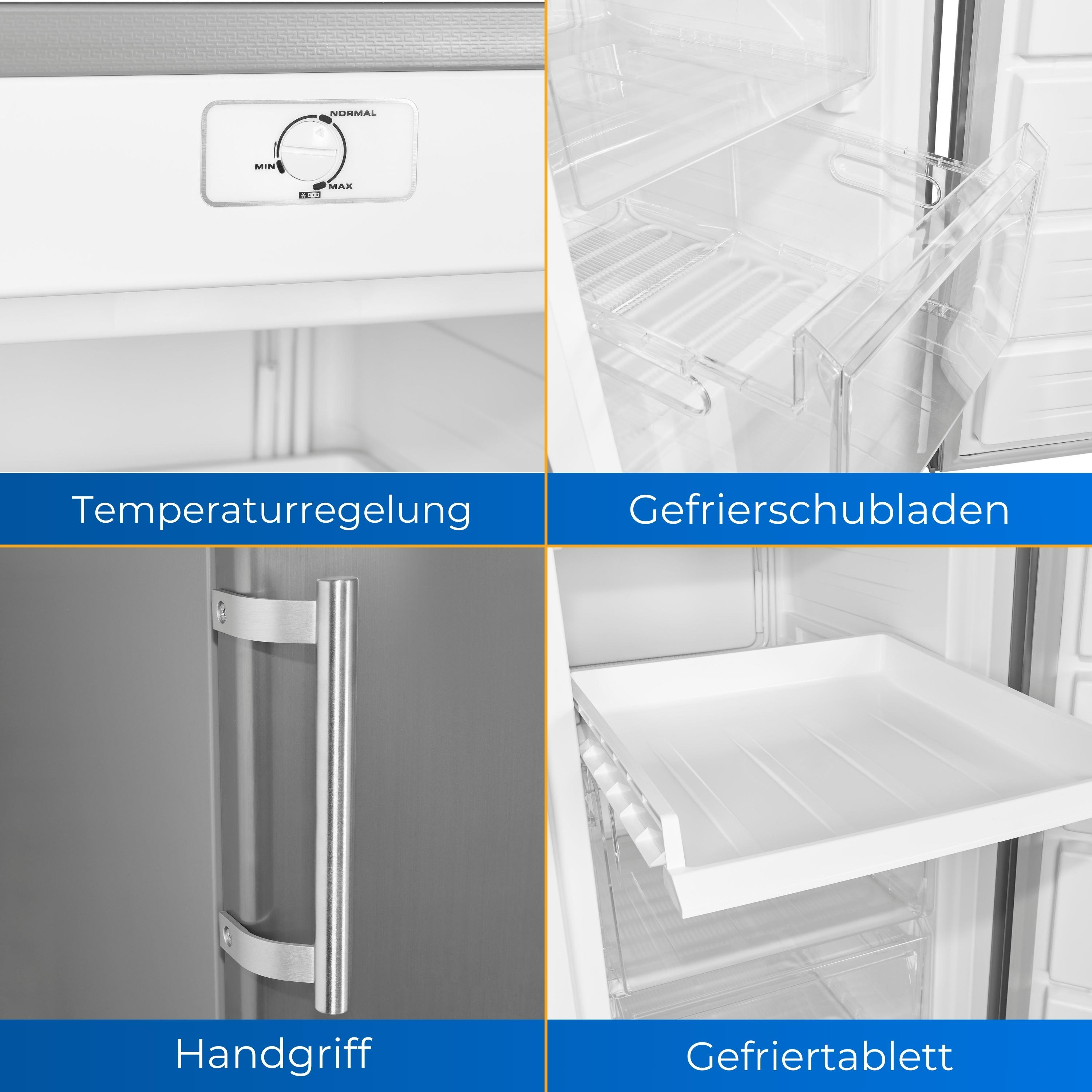 Nahaufnahme eines Kühlschranks, mit Temperaturregelung, Schubladen und Griff.