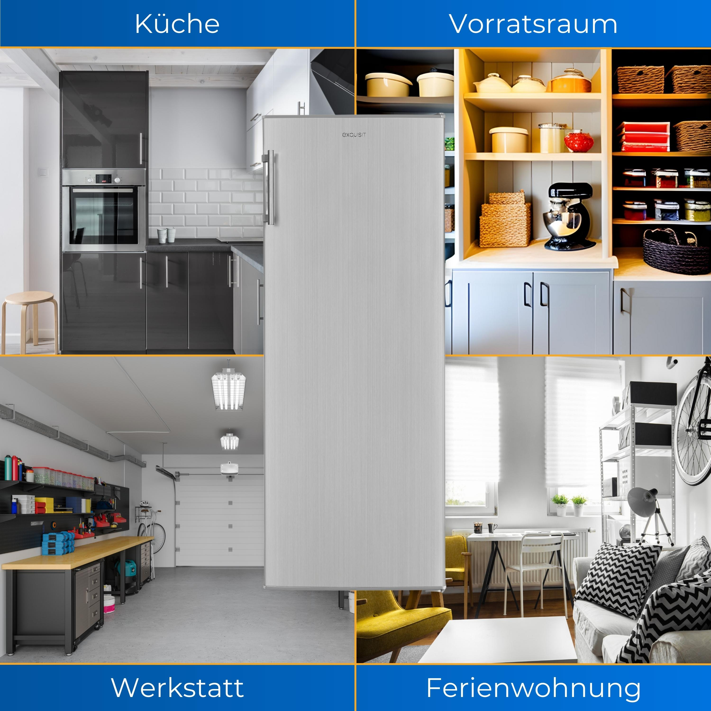 Ein Kühlschrank in einer Collage mit mehreren Räumen: Küche, Speisekammer, Werkstatt und Wohnung.