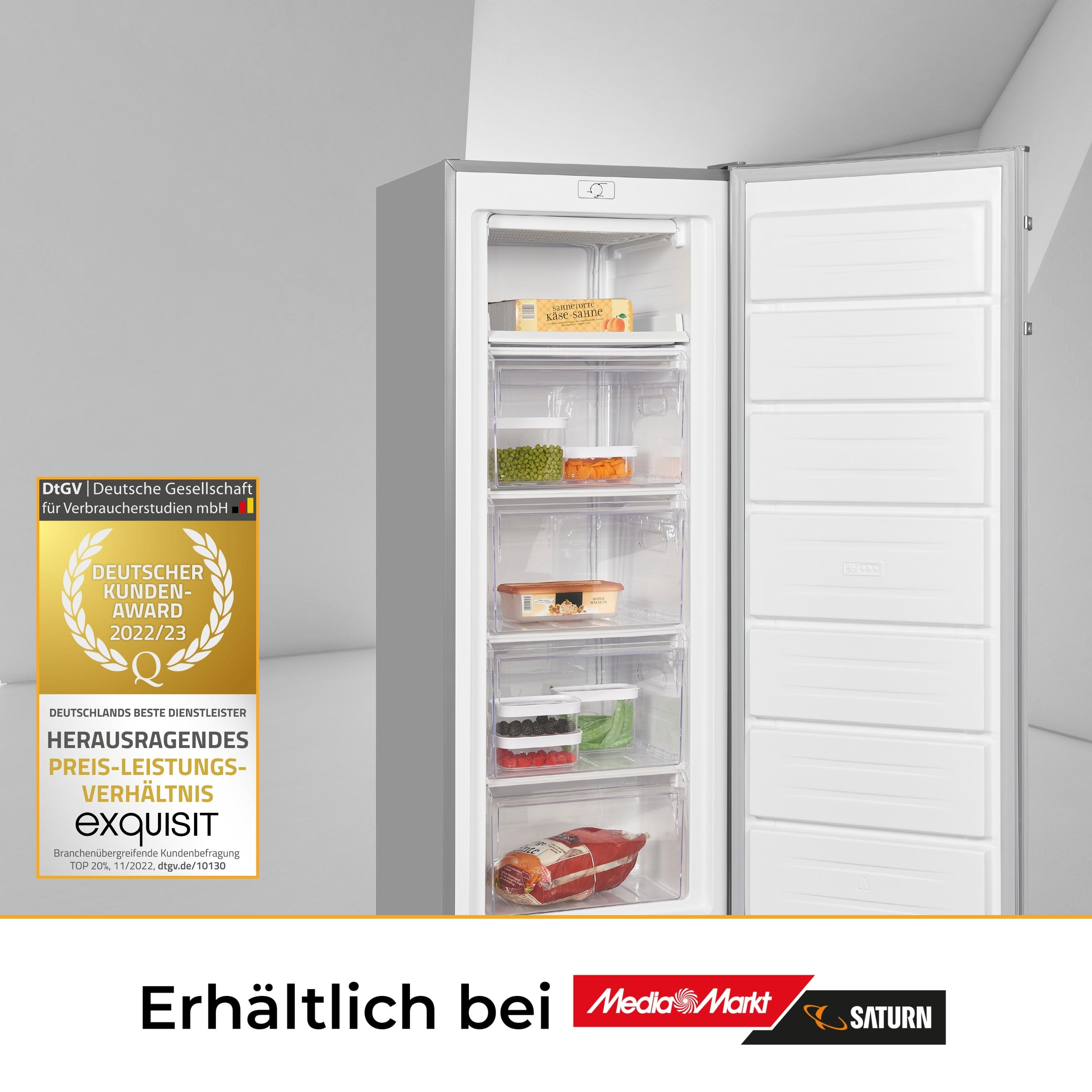 Gefrierschrank mit offener Tür, Schubladen mit Tiefkühlkost. Auszeichnung und Branding sichtbar.