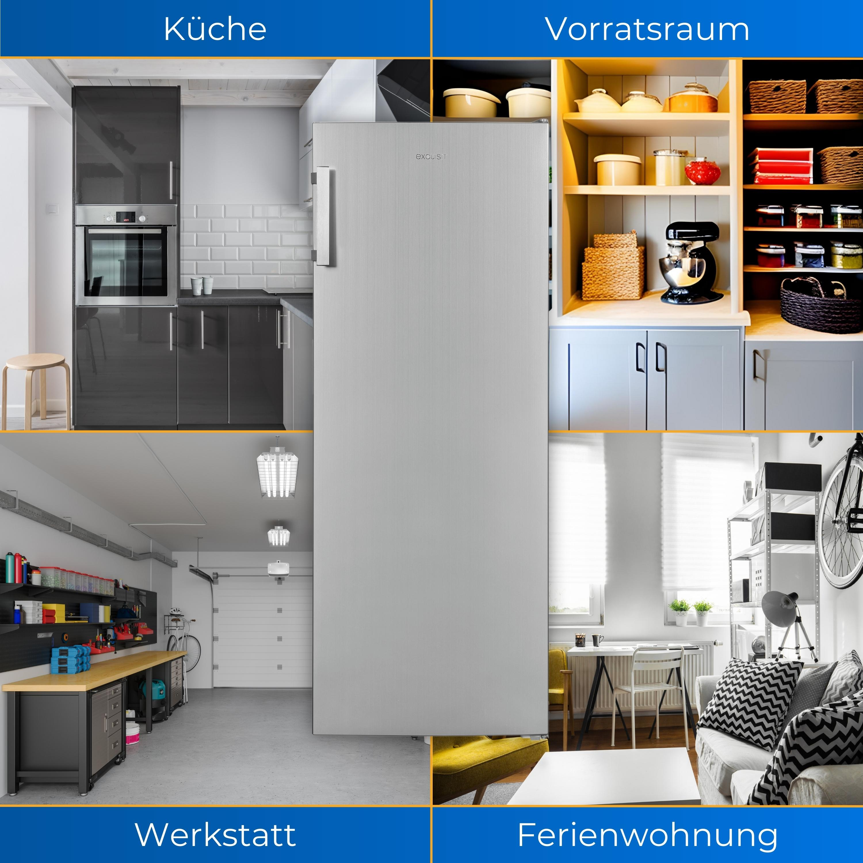 Cuatro imágenes muestran una cocina, despensa, taller y apartamento, todos con un refrigerador plateado.