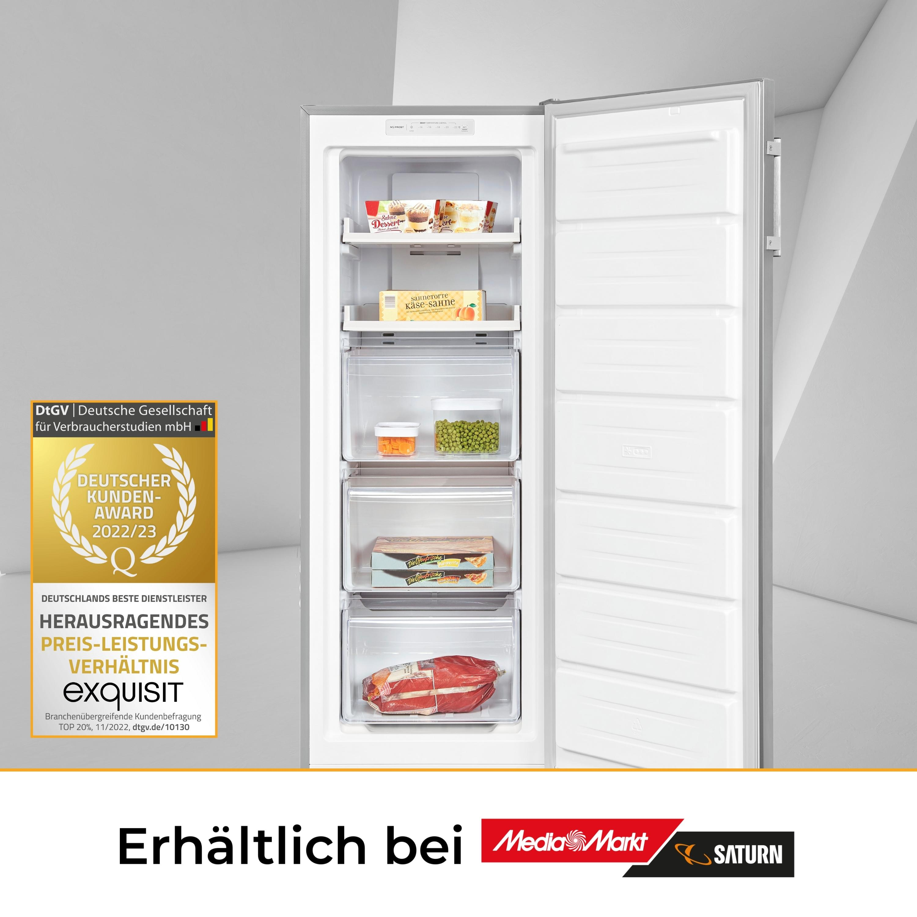 Un congelador con puerta abierta, estantes con comida dentro. Texto: Deutscher Kunden-Award, Erhältlich bei Media Markt.