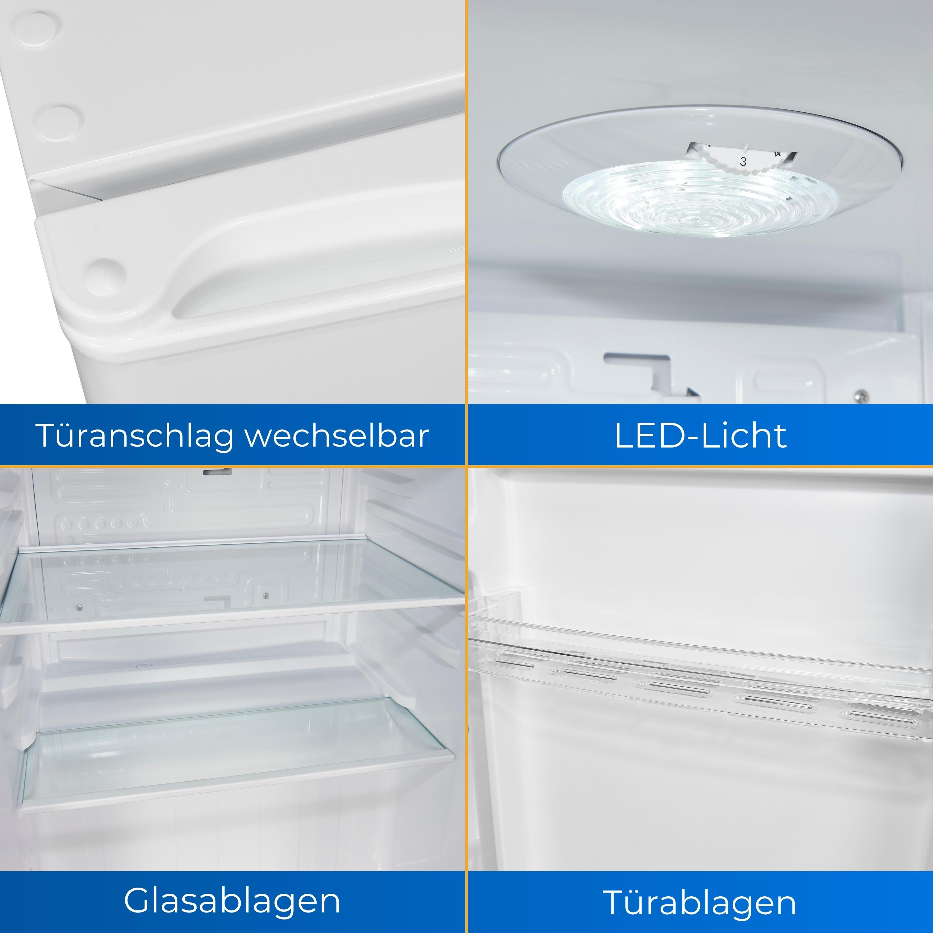 Kühlschrankinnenraum mit Regalen, Schubladen, Licht und den Texten „Türanschlag wechselbar“ und „LED-Licht“.