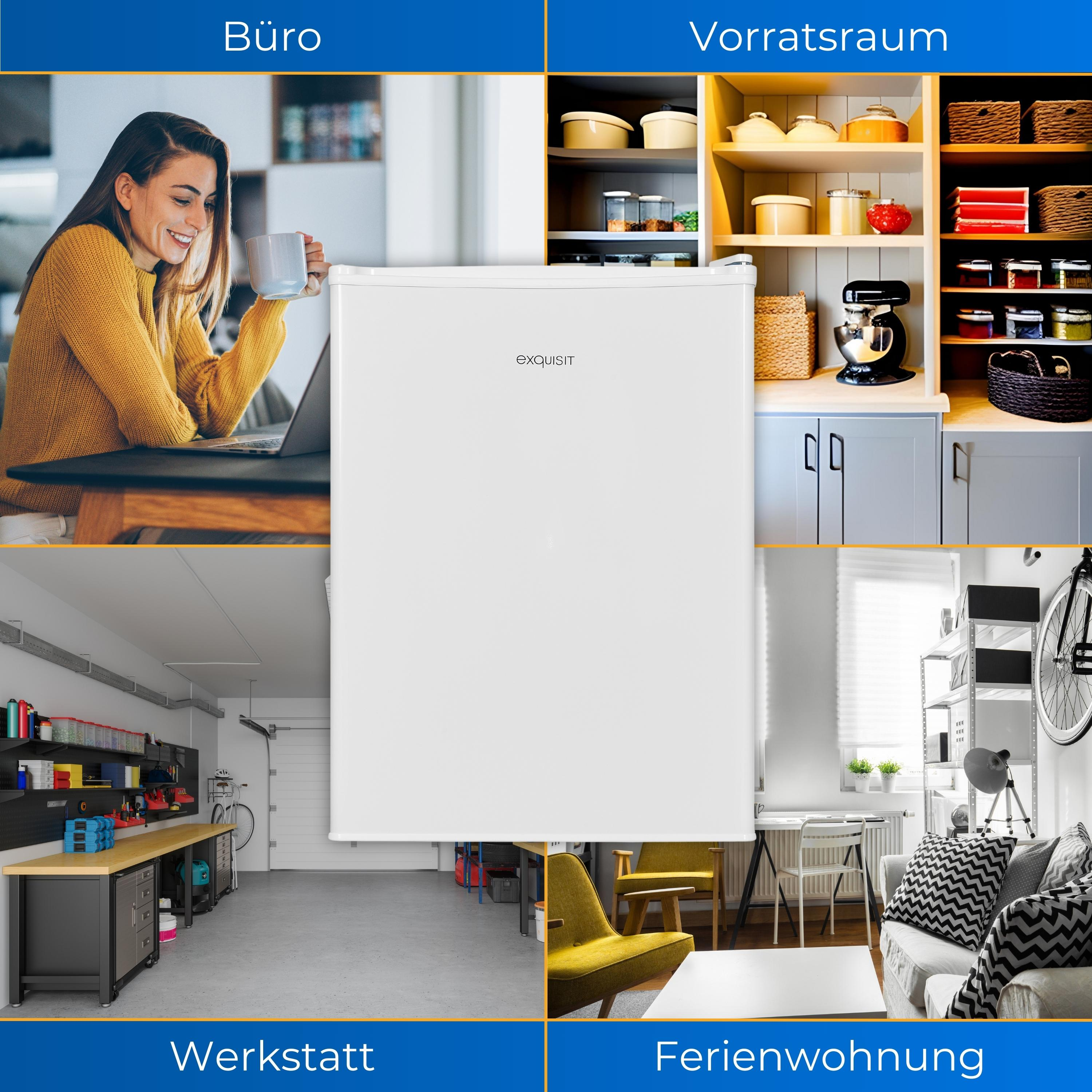 Ein weißer Mini-Kühlschrank in verschiedenen Umgebungen: Büro, Vorratsraum, Werkstatt und Ferienwohnung.