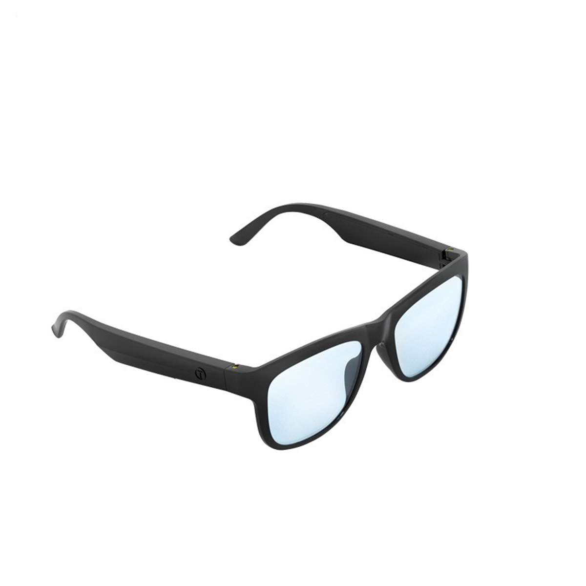 Gafas inteligentes negras con lentes de color azul. Las gafas están sobre un fondo blanco.