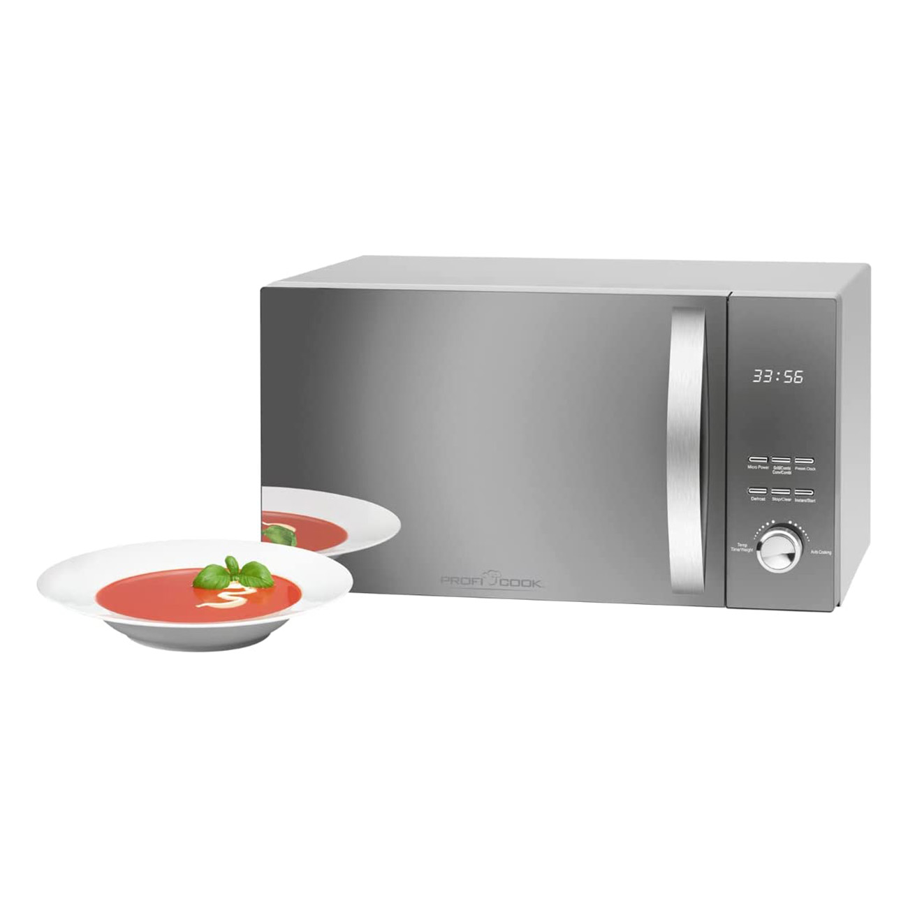 Srebrna kuchenka mikrofalowa z wyświetlaczem cyfrowym i talerzem z zupą pomidorową.