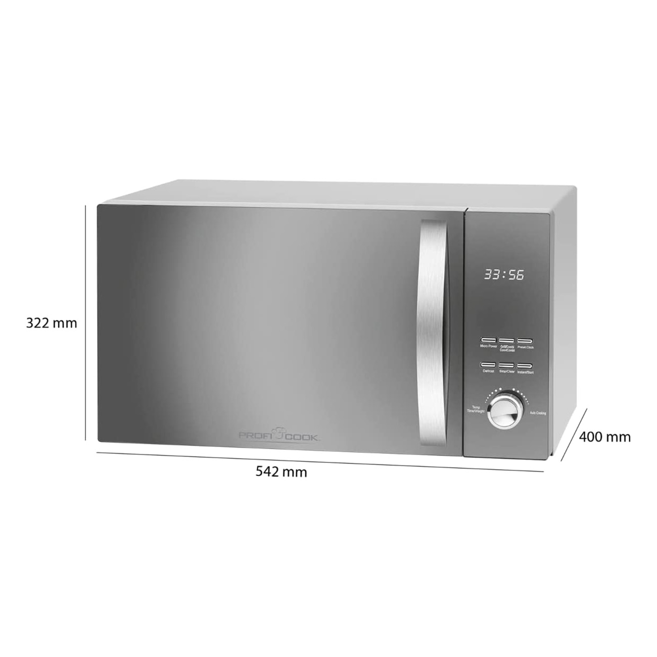 Srebrna kuchenka mikrofalowa z wyświetlonymi wymiarami, pokazująca panel sterowania i drzwi na białym tle.