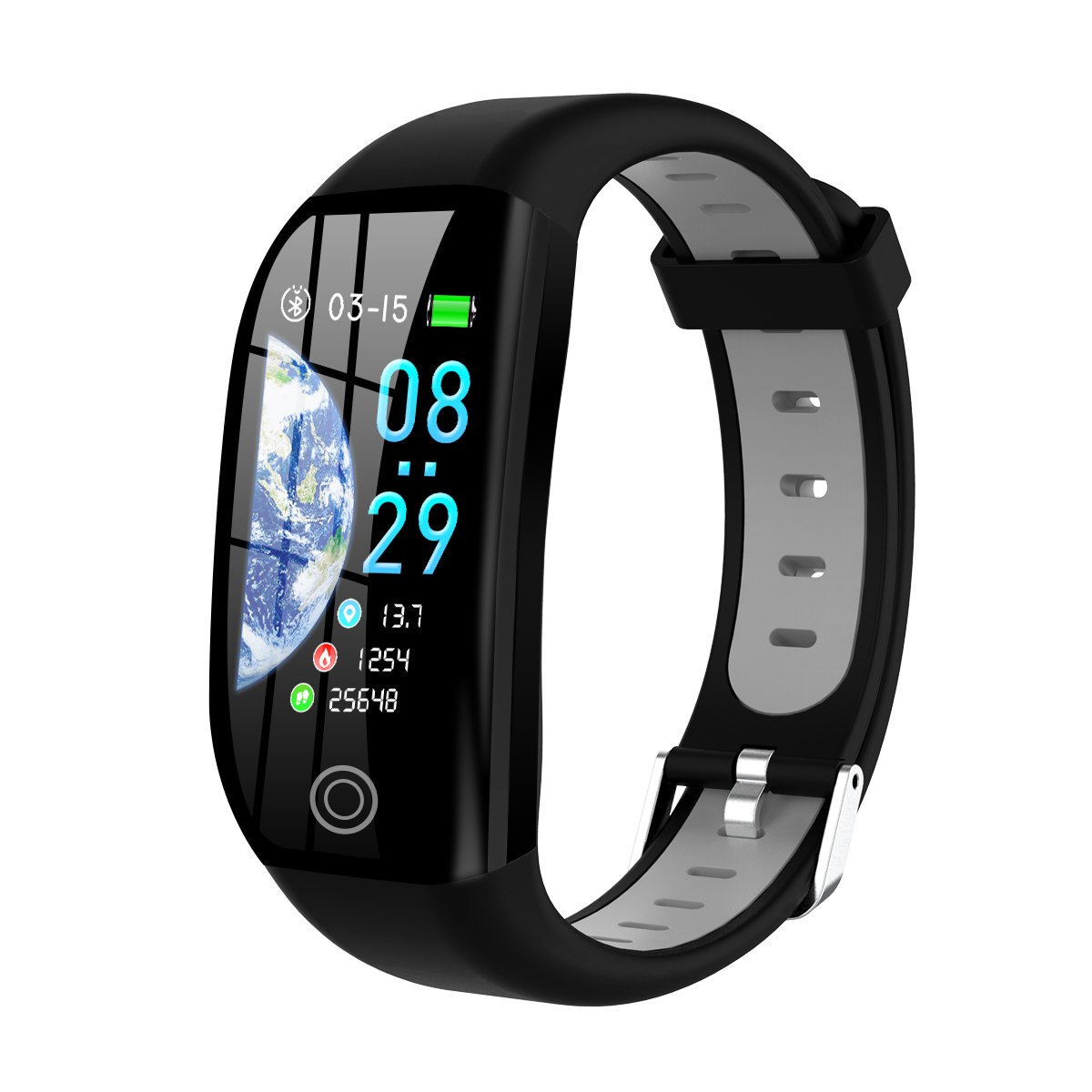Smartwatch mit schwarzem Armband. Anzeige zeigt Zeit, Datum, Akku, Aktivitätstracking und Erde.