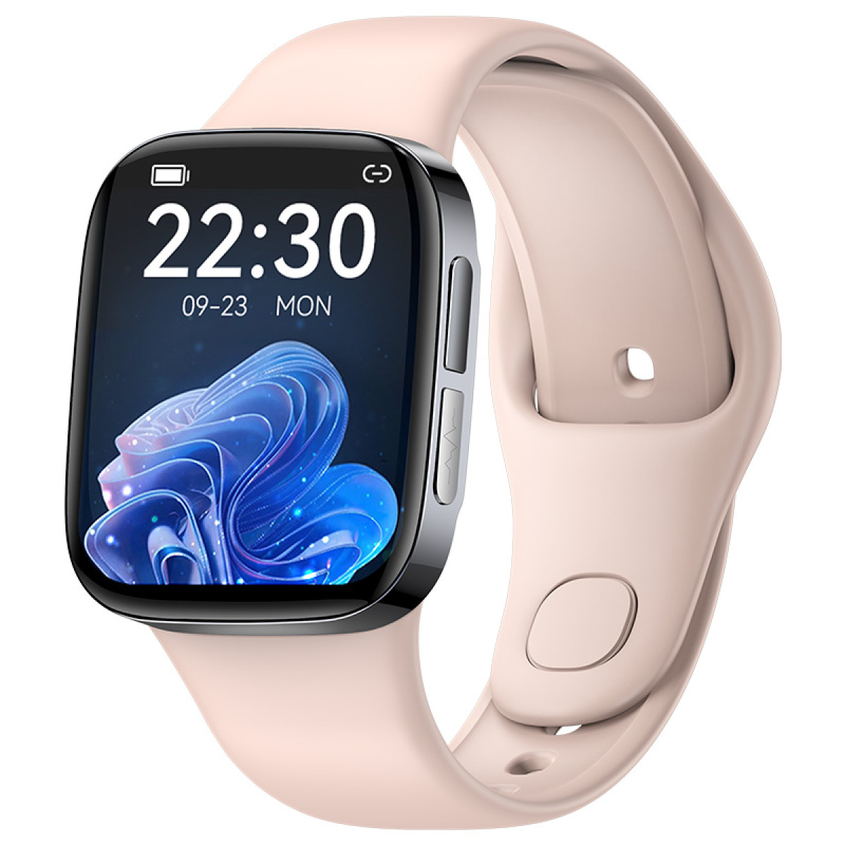 Różowy smartwatch z cyfrowym wyświetlaczem pokazującym godzinę i datę.