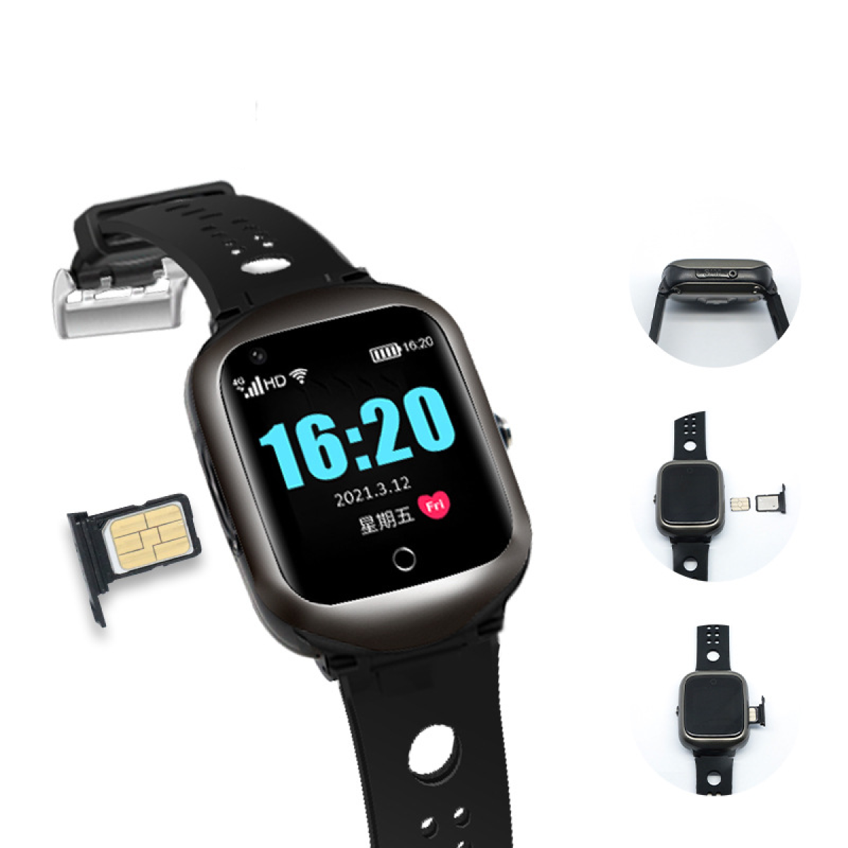 mit Smartwatch Videoanruf Silikon, Smartwatch Schlafüberwachung, GPS-Ortung, INF Herzfrequenz, Schwarz