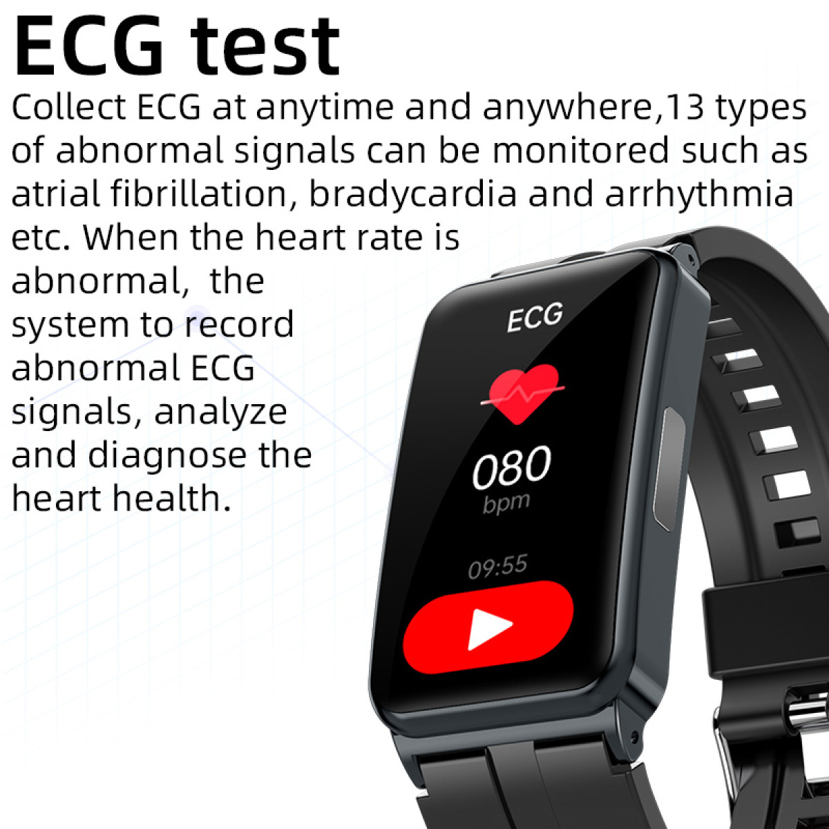 Smartwatch zeigt EKG-Daten mit rotem Herzsymbol, 080 bpm und roter Play-Taste.