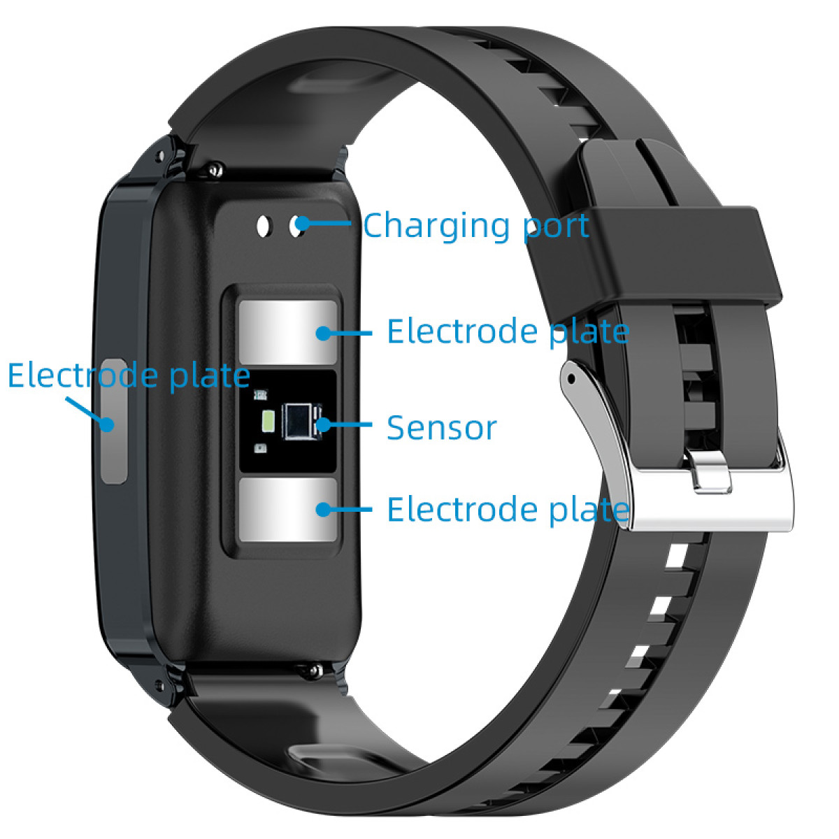 Schwarzer Fitnesstracker mit Ladeanschluss, Sensor und Elektrodenplatten.
