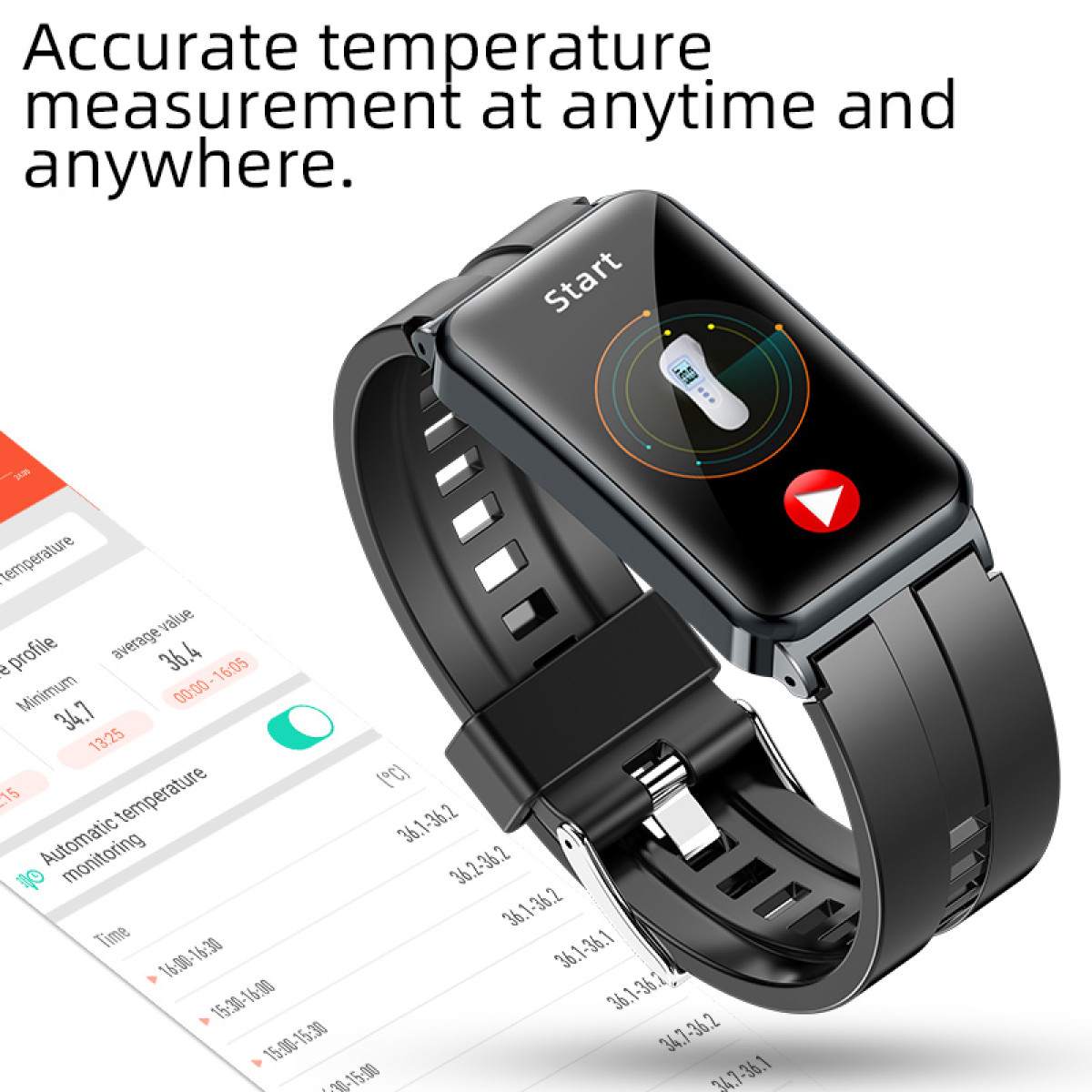 Eine schwarze Smartwatch, die Temperaturdaten und eine „Start“-Taste auf einem schwarzen Armband anzeigt.