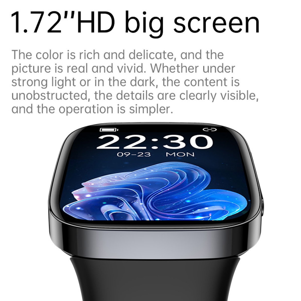 Smartwatch pokazujący czas na czarnym ekranie, z czarnym paskiem.