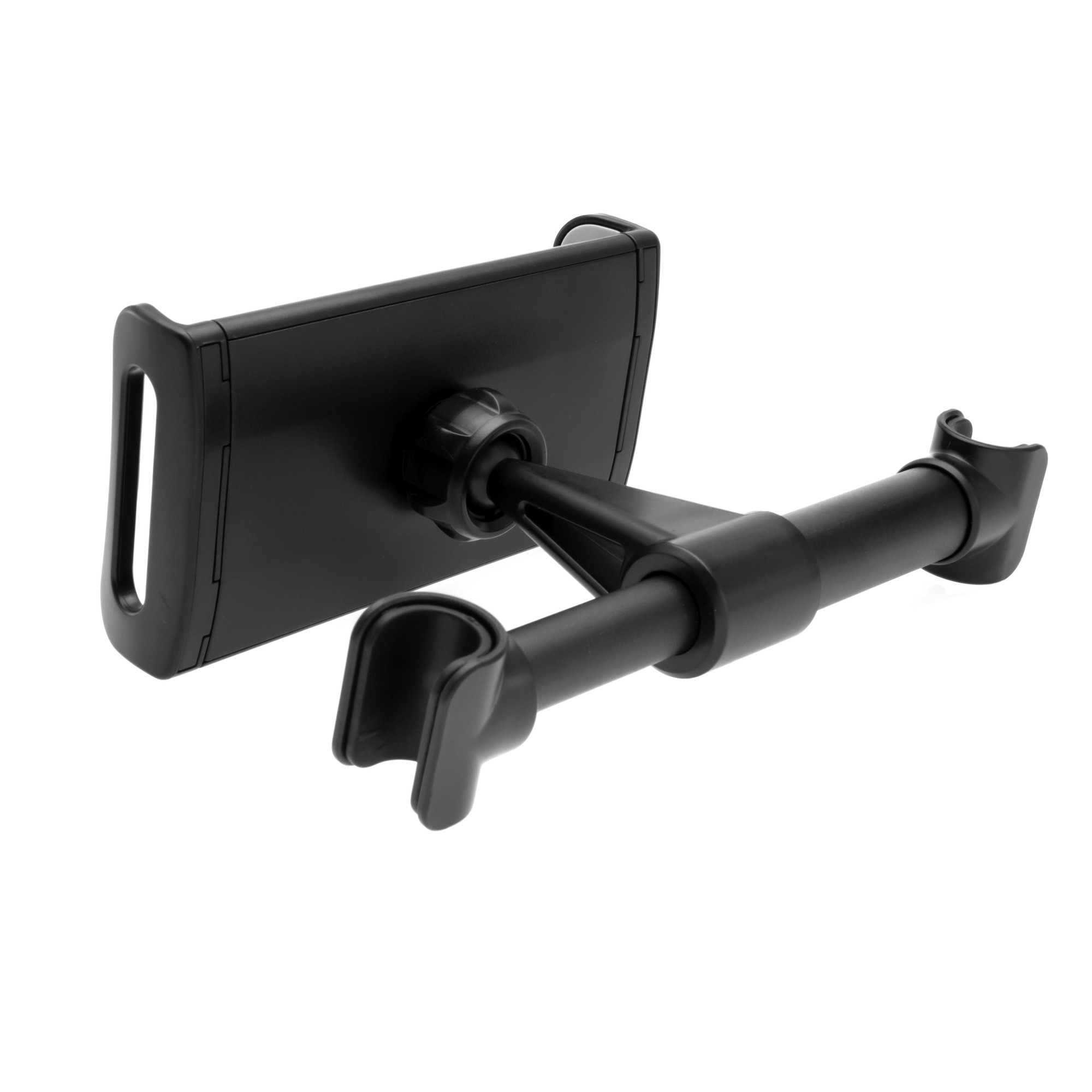 Schwarzer Telefonhalter für ein Auto, mit verstellbarem Arm und Telefonhalter.