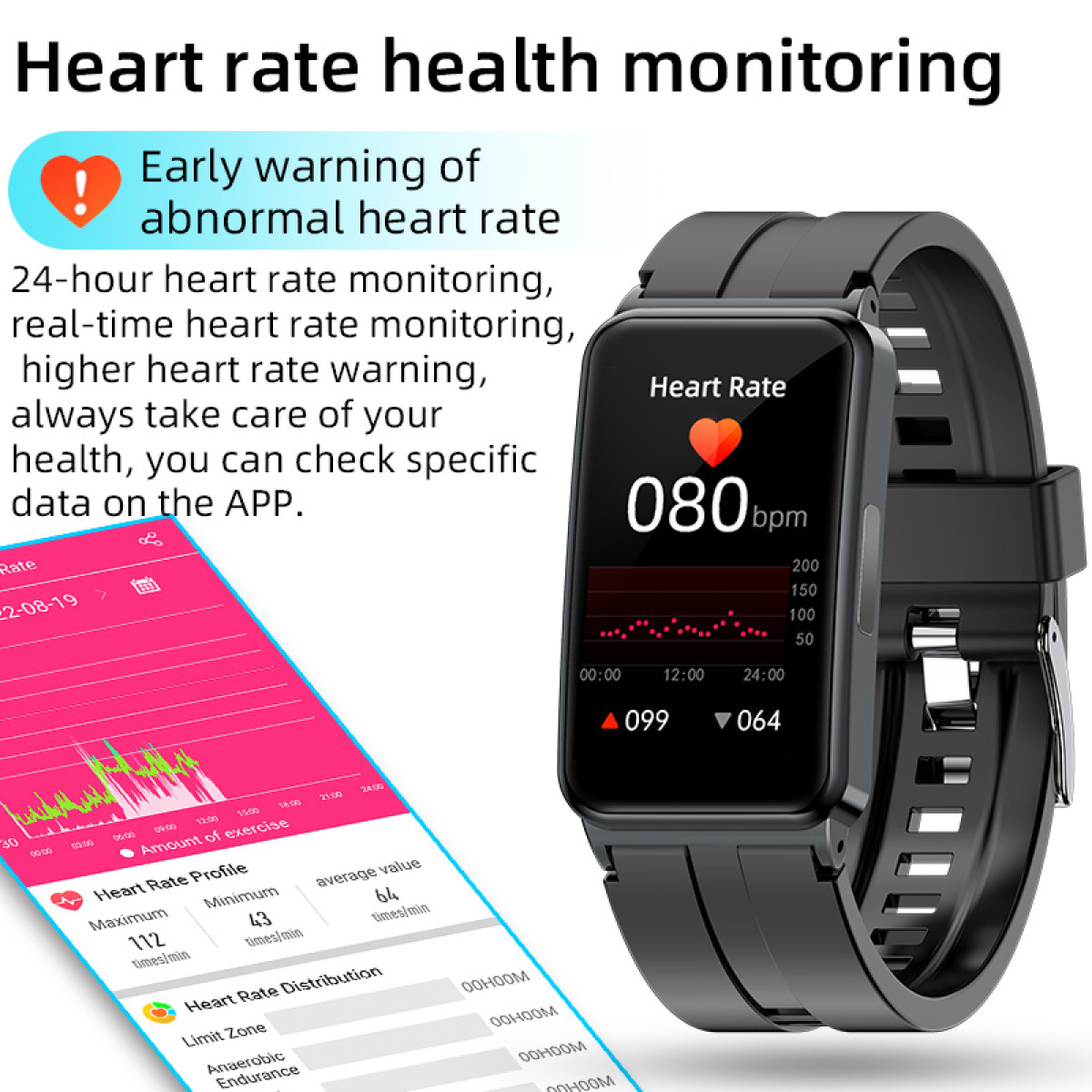 Smartwatch mit Gesundheitsüberwachung. Die Uhr zeigt Herzfrequenzdaten mit Diagrammen und Warnungen an.