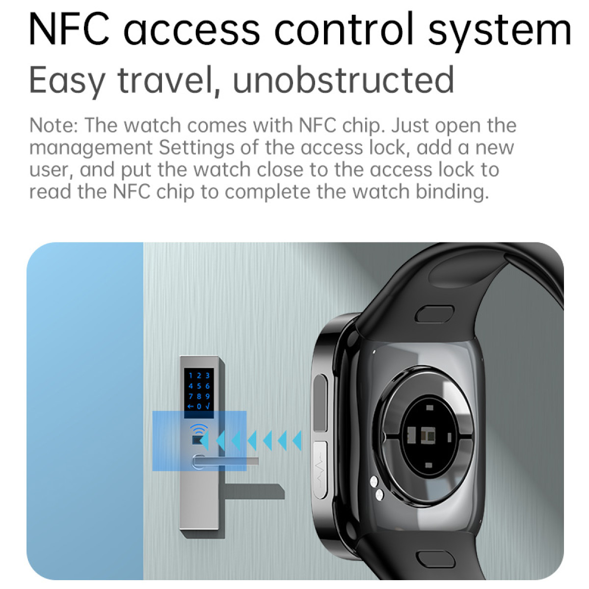 Zegarek obok zamka do drzwi, pokazujący chip NFC. Zegarek jest czarny, zamek srebrny.