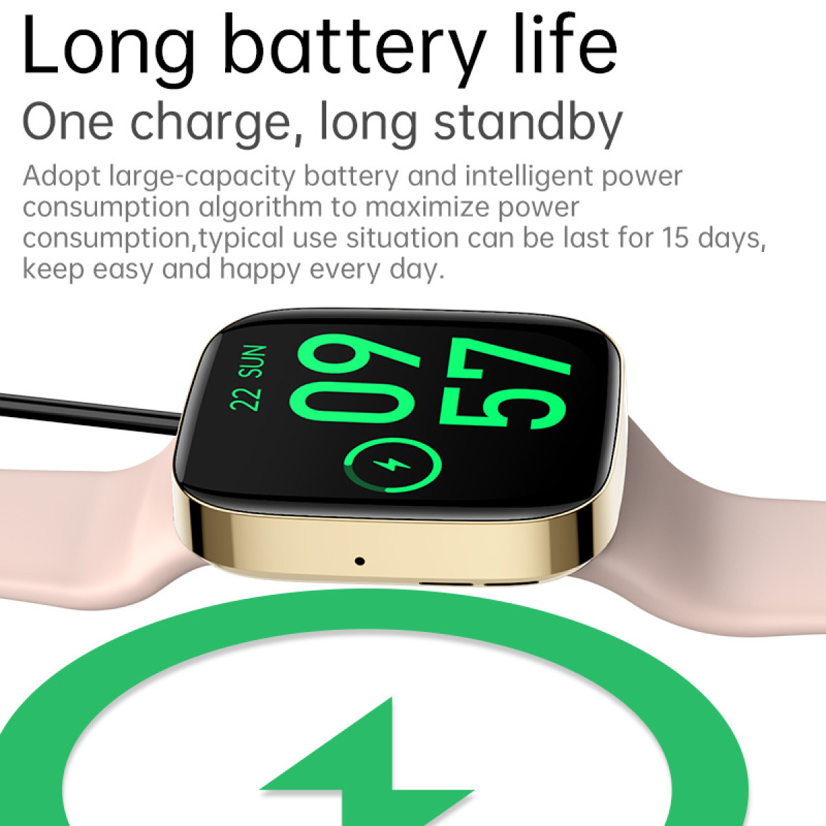 Smartwatch w trakcie ładowania, pokazujący datę, godzinę i procent naładowania baterii. Złota ramka z zielonym symbolem ładowania.