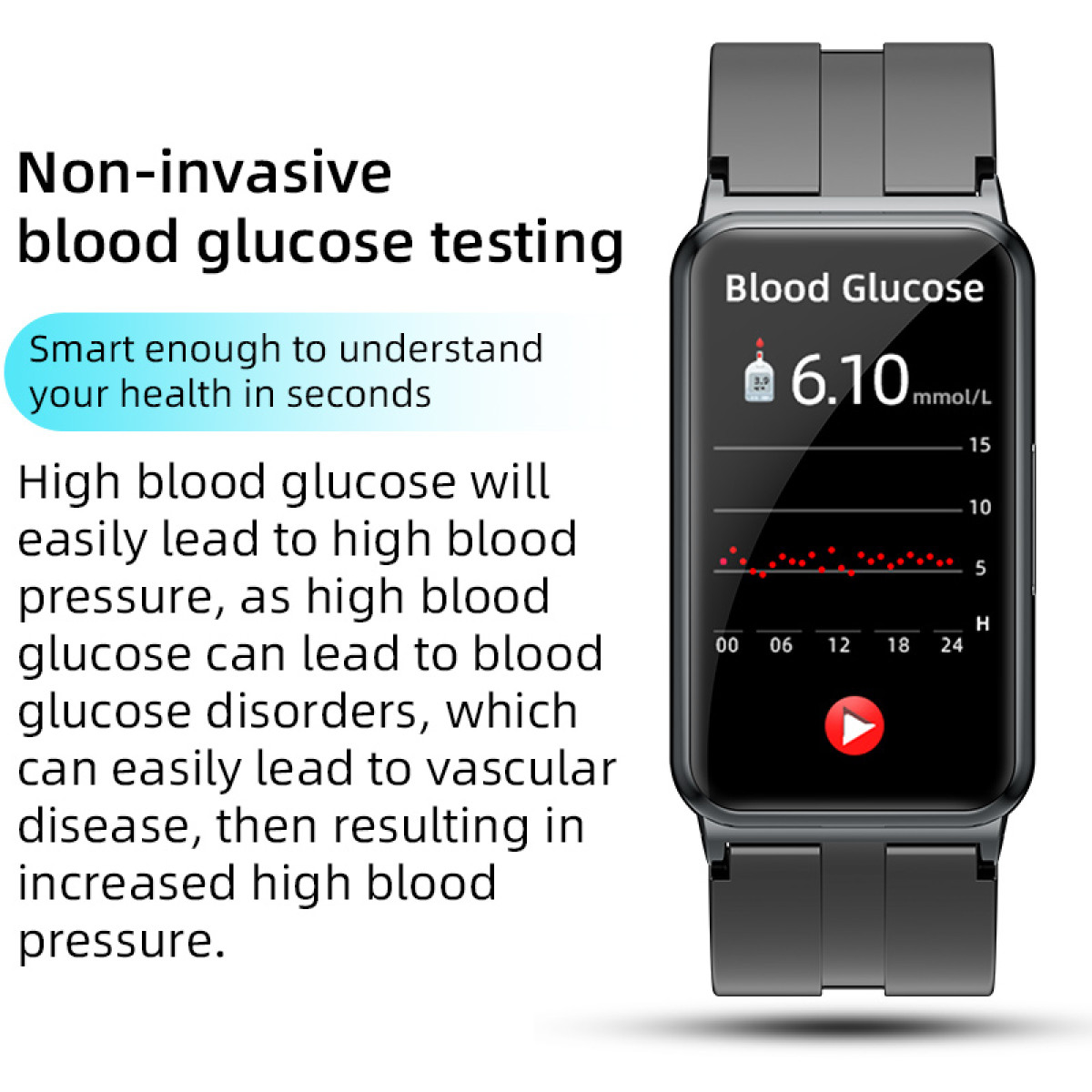 Eine schwarze Smartwatch mit Blutzuckerspiegel auf dem Display. Text über nicht-invasive Blutzuckertests links.