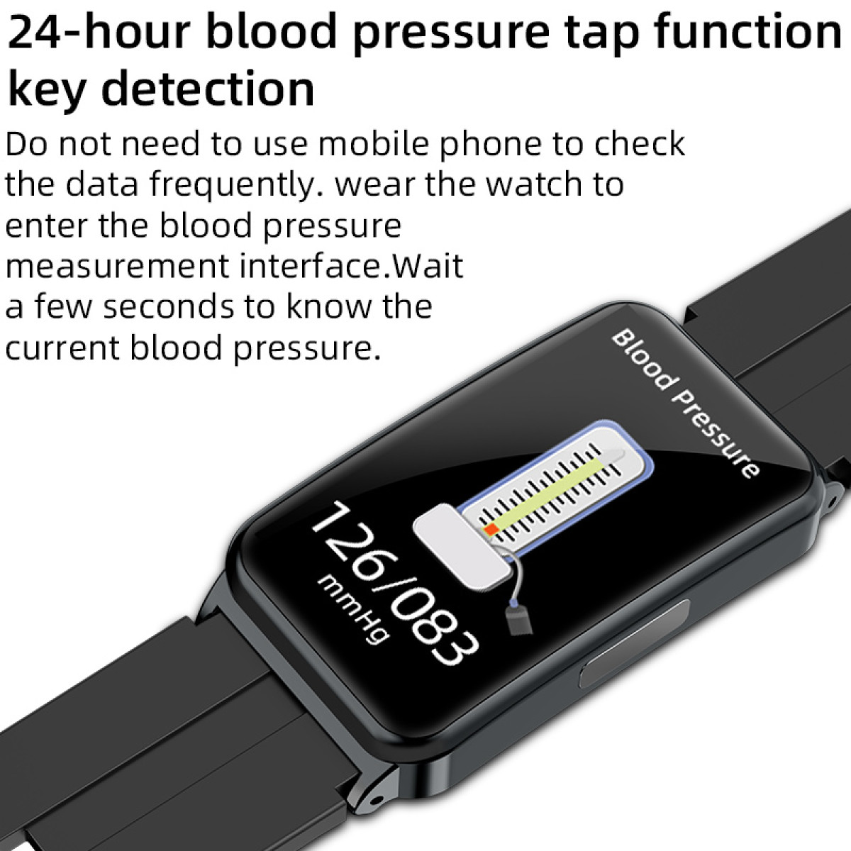 Eine schwarze Smartwatch zeigt Blutdruckmesswerte an. Text beschreibt die Funktionen der Uhr.