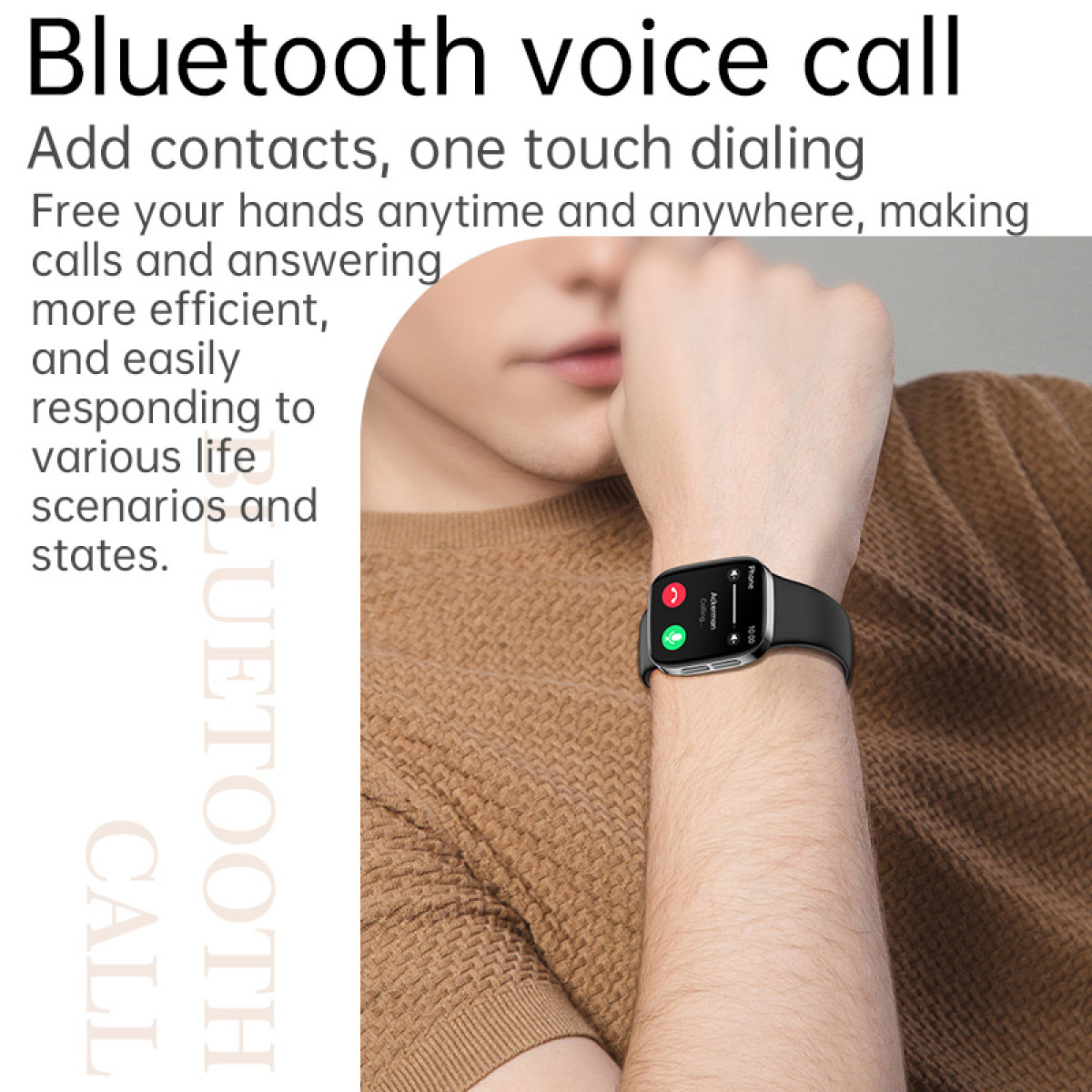 Osoba nosząca smartwatch z interfejsem połączenia telefonicznego na ekranie.