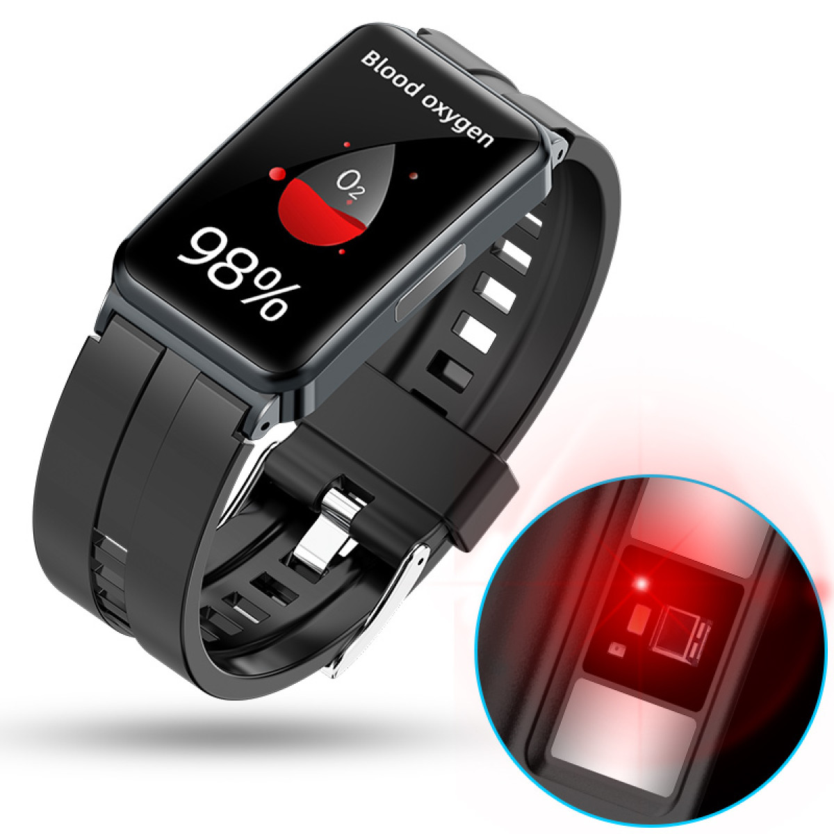 Eine schwarze Smartwatch, die Blutsauerstoff bei 98% anzeigt. Die Uhr hat ein schwarzes Armband.