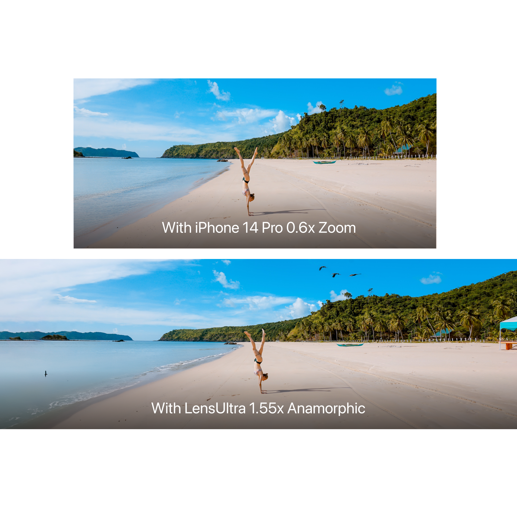 Zwei Fotos einer Frau, die am Strand einen Handstand macht. Das obere Foto zeigt eine breitere Ansicht.