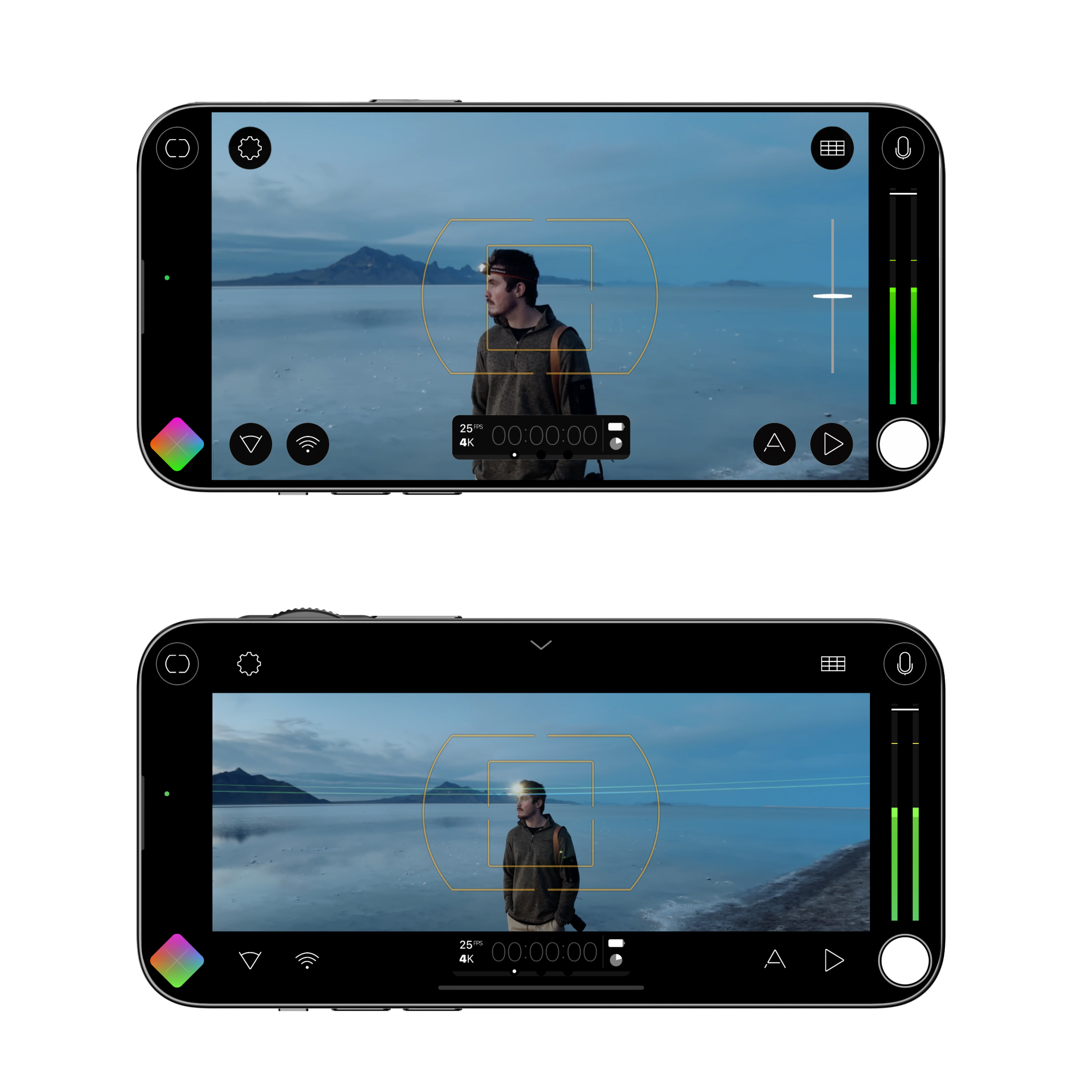 Zwei Smartphones zeigen eine Videoaufzeichnungsoberfläche mit einer Person im Video.