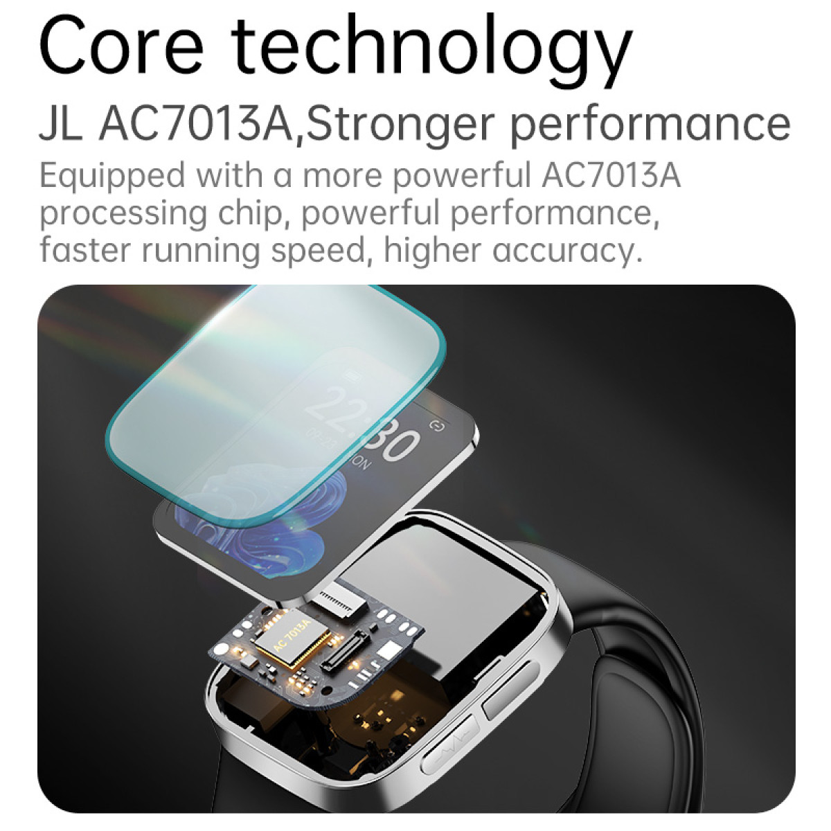 Smartwatch pokazujący wewnętrzne komponenty i ekran.