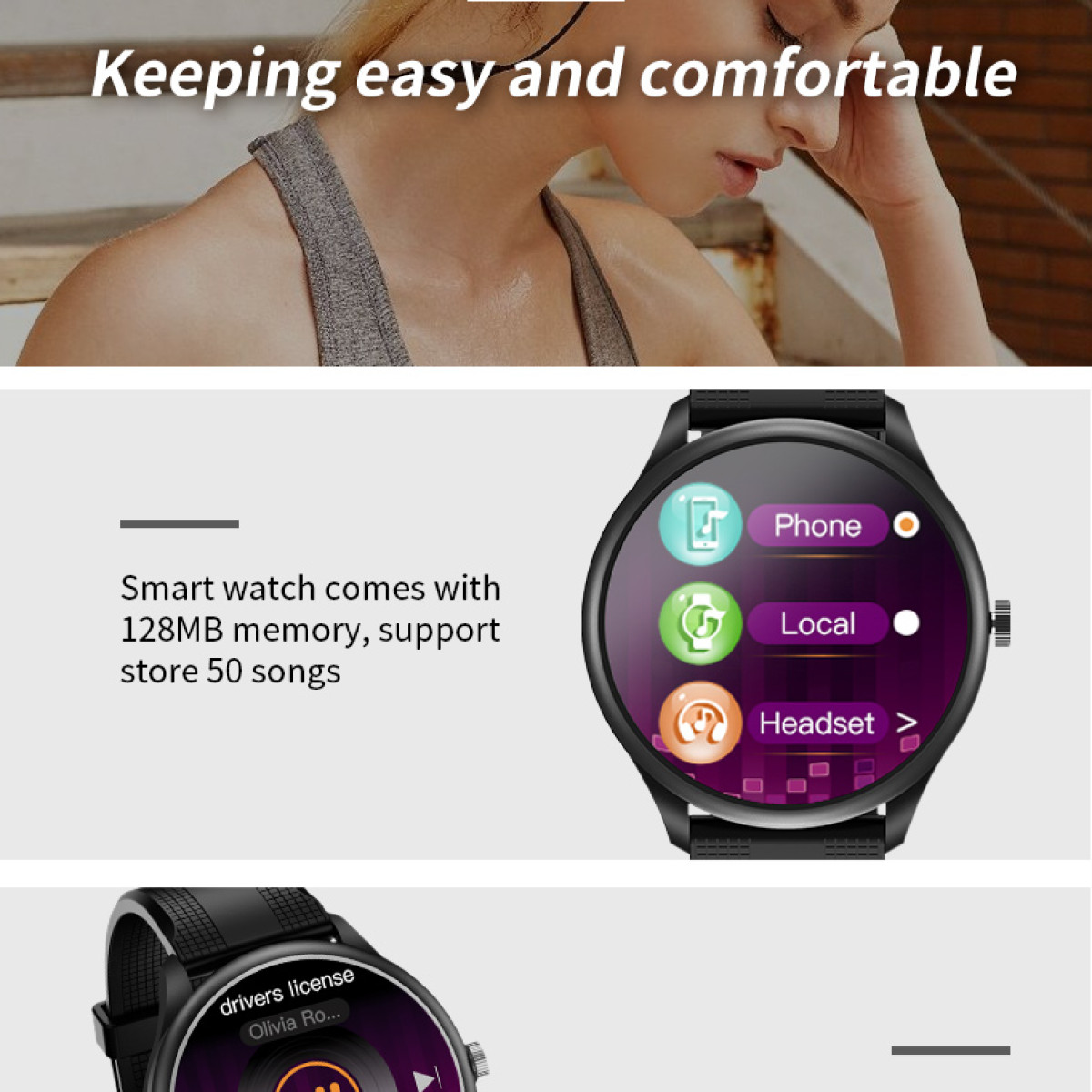 Smartwatch z ikonami telefonu, lokalizacji i zestawu słuchawkowego jest na nadgarstku. Tekst mówi 'Smartwatch... przechowuj 50 piosenek'.