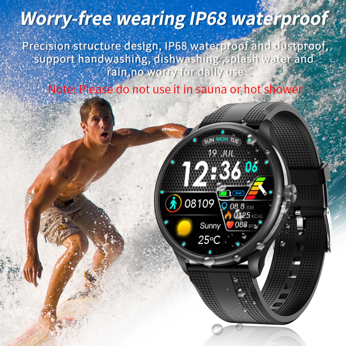 INF Smartwatch Puls, Smartwatch TPU, Blutsauerstoff, mit Blutdruck, Schlafmonitor Schwarz