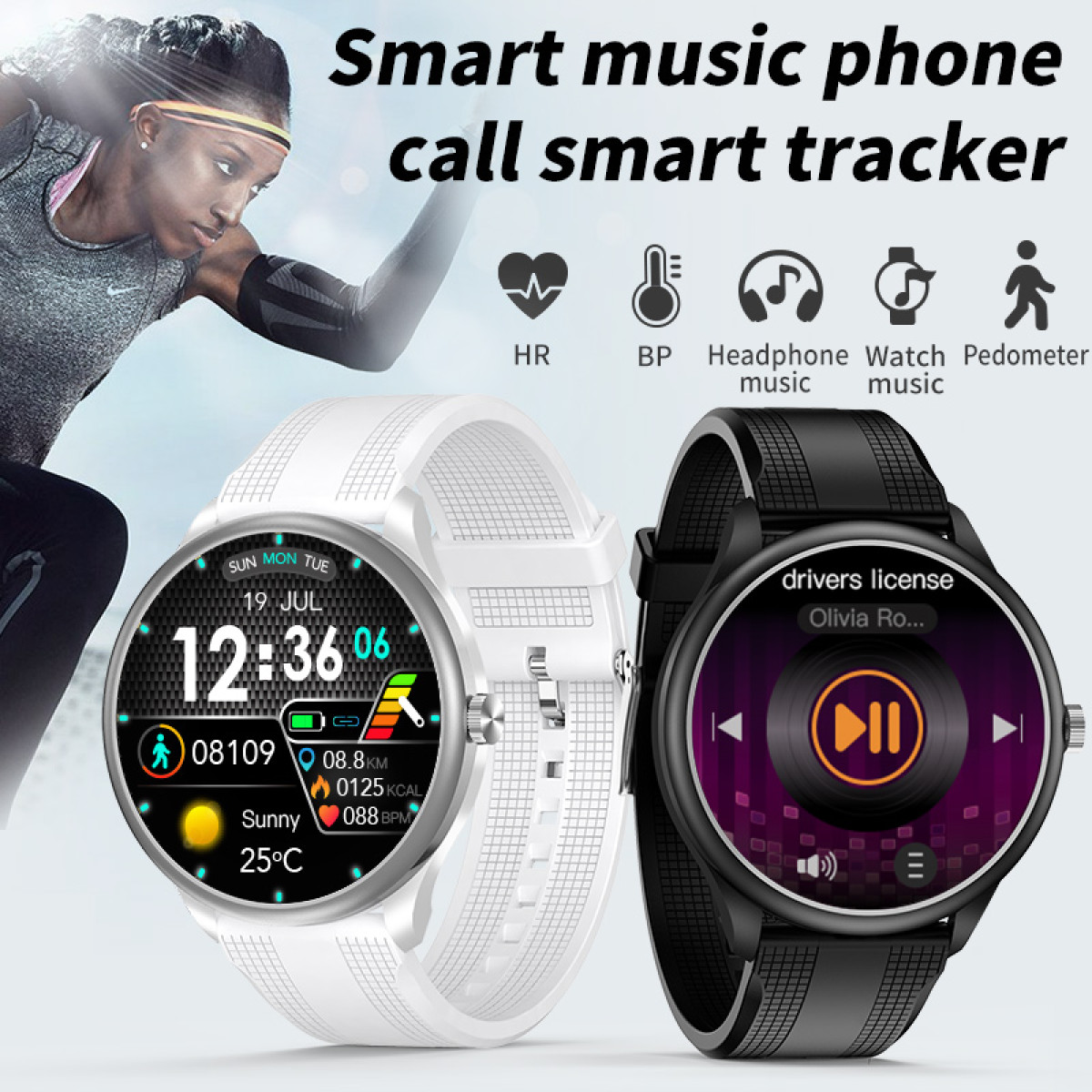 Dwa smartwatche z funkcjami śledzenia zdrowia i biegnąca kobieta.