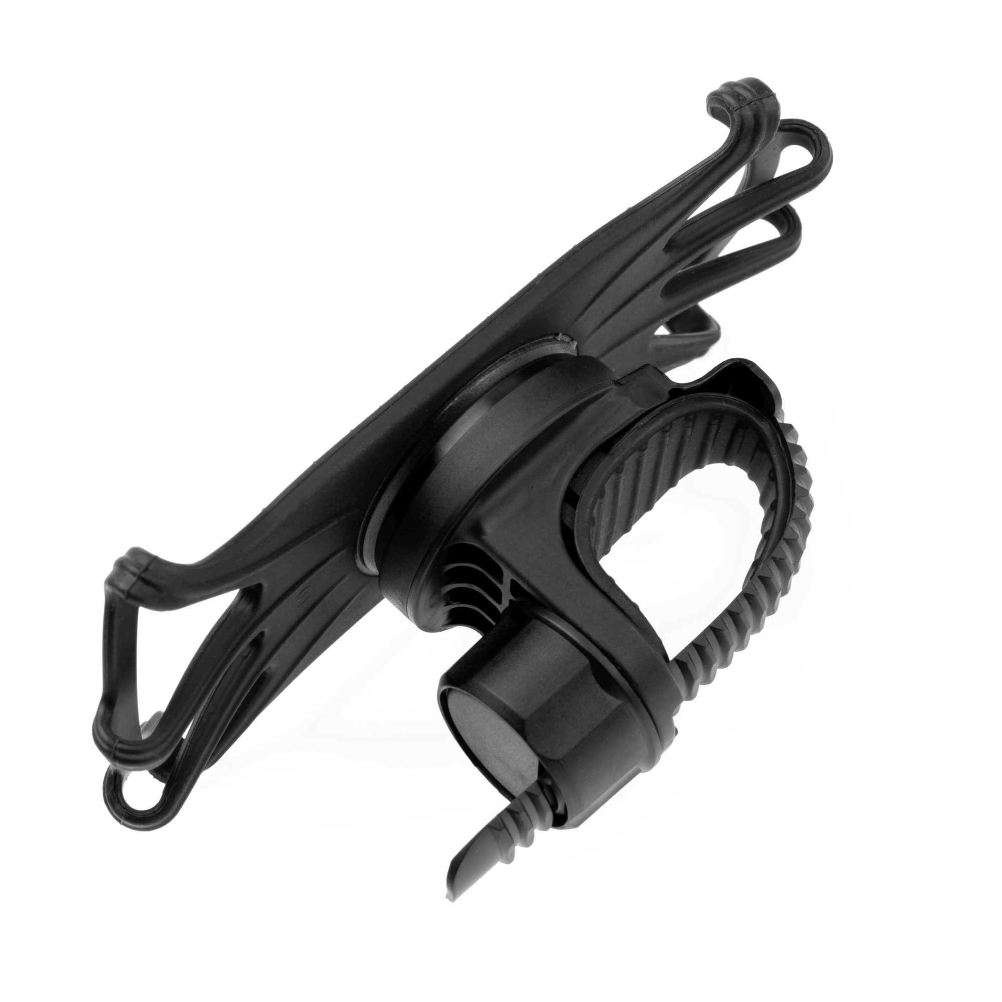 Schwarzer Fahrrad-Telefonhalter auf weißem Hintergrund. Er hat flexible Arme und einen Gummiriemen.