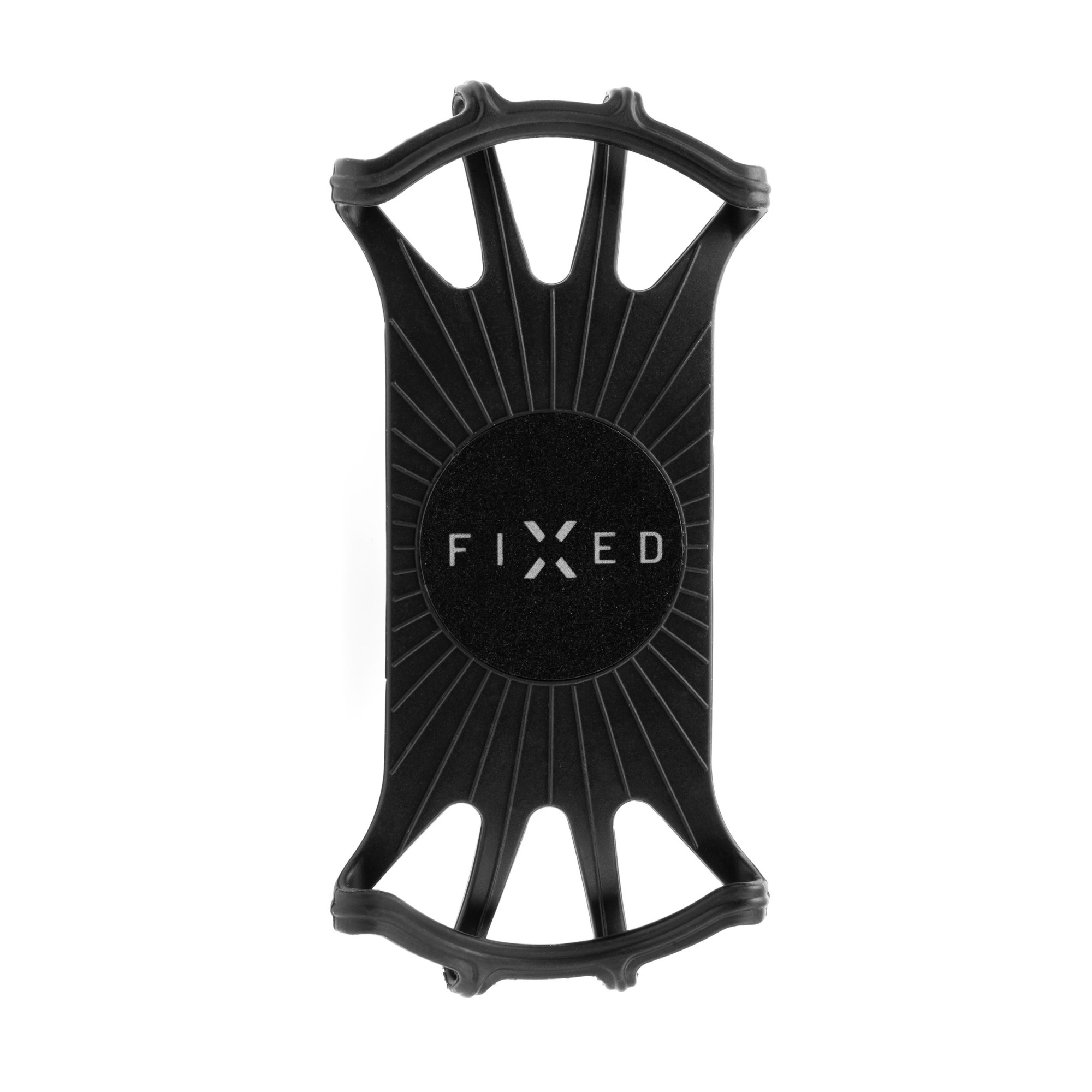 Schwarzer Telefonhalter mit kreisförmiger Mitte und stilisiertem Design, freigestellt.