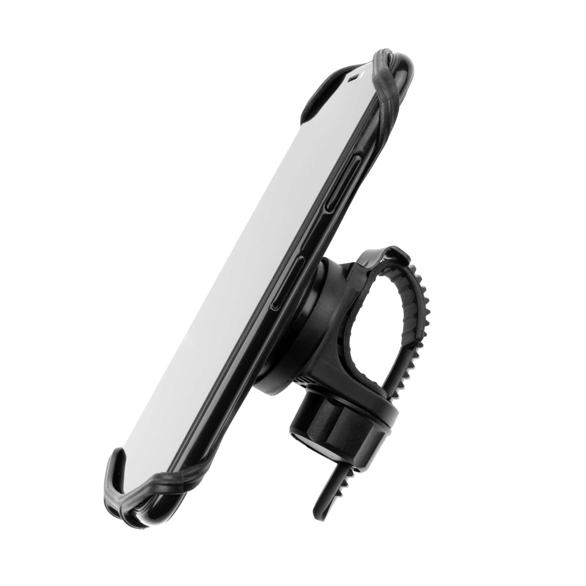 Ein schwarzer Telefonhalter, der an einem schwarzen Fahrradlenker befestigt ist. Das Telefon ist weiß.