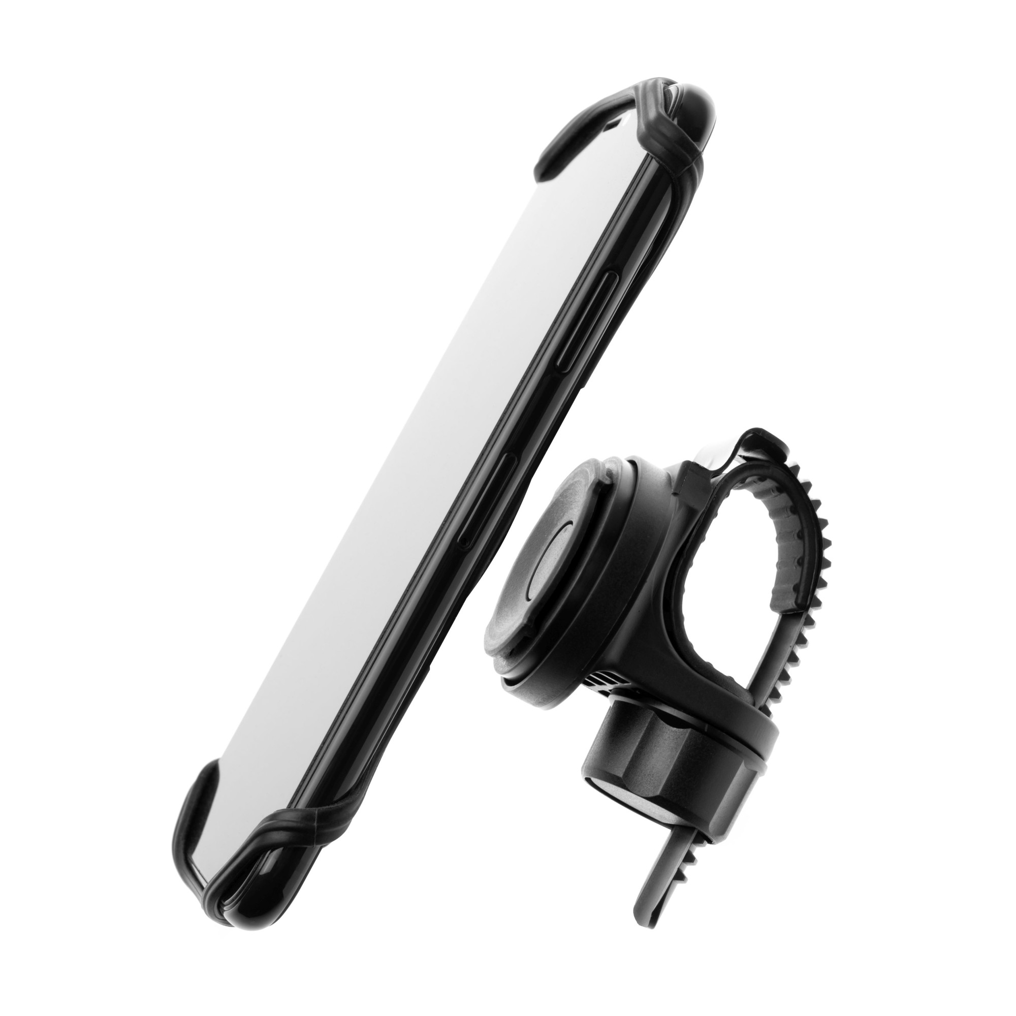 Schwarzes Telefon in einer Hülle und ein schwarzer Telefonhalter. Isoliert auf weißem Hintergrund.