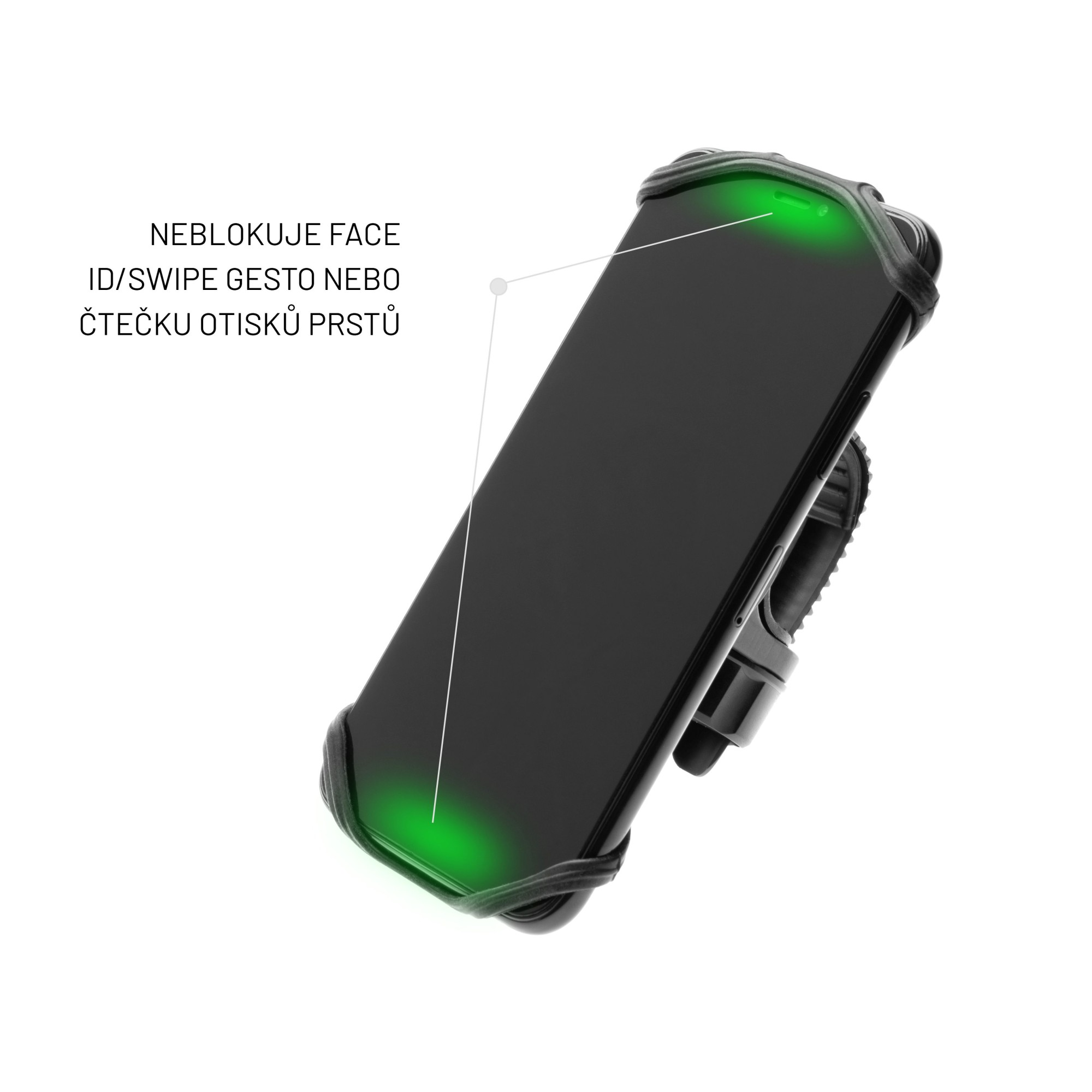 Schwarzes Smartphone mit schwarzem Halter, mit grünen Lichtern. Text: Blockiert nicht Face ID/Wischgeste oder Fingerabdruck.