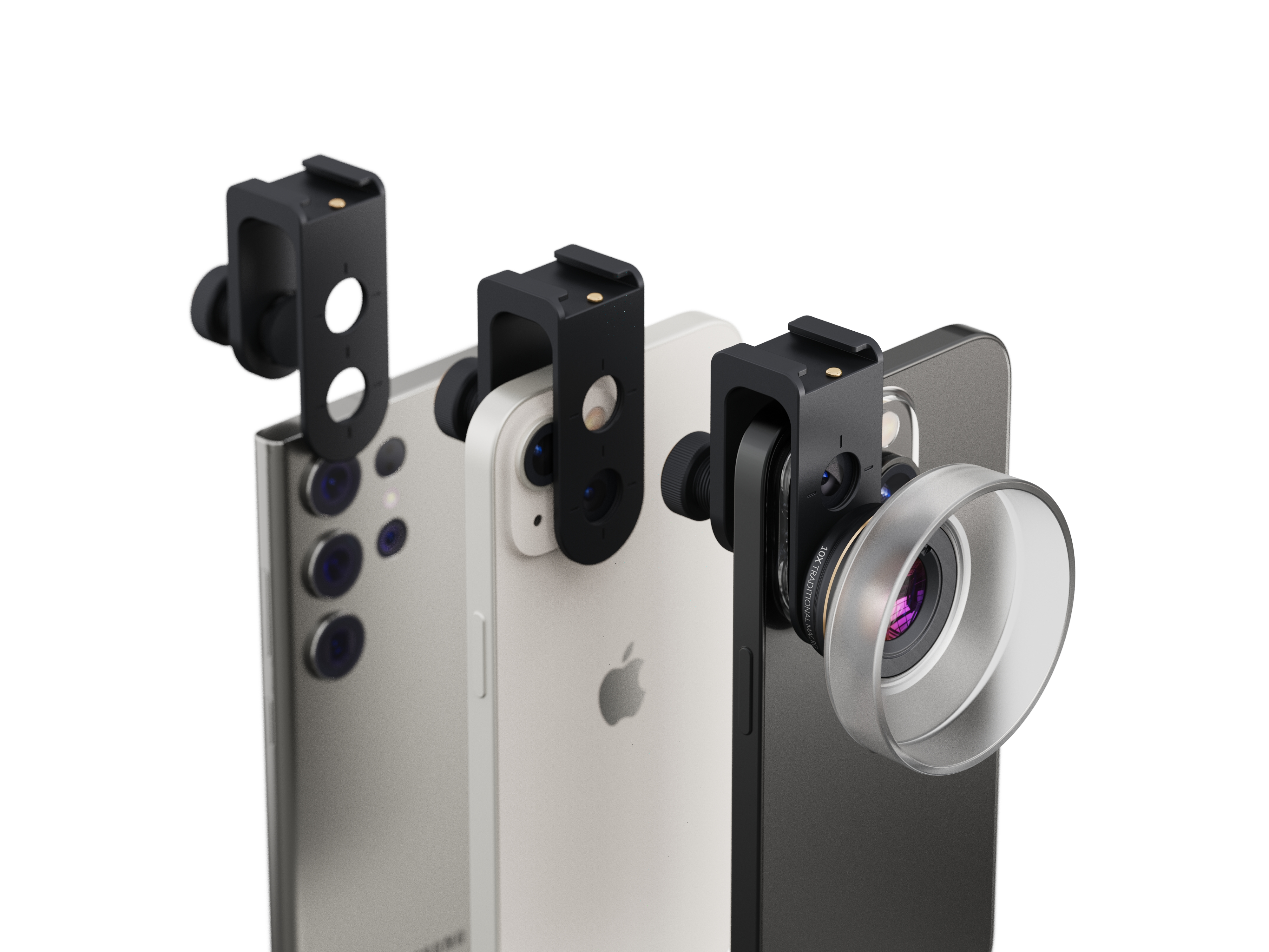 Nahaufnahme von 3 Smartphones mit Objektivaufsätzen. Telefone in Silber, Weiß und Schwarz.