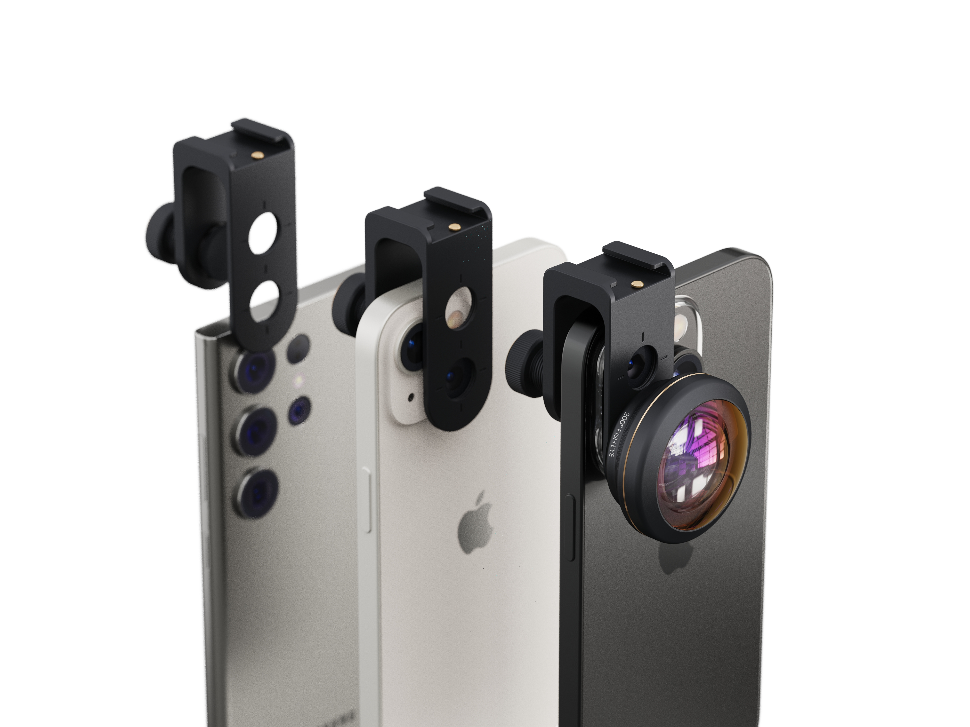 Drei Smartphones mit aufgesetzten Objektiven. Die Telefone sind weiß, silber und schwarz. Die Objektive sind schwarz.