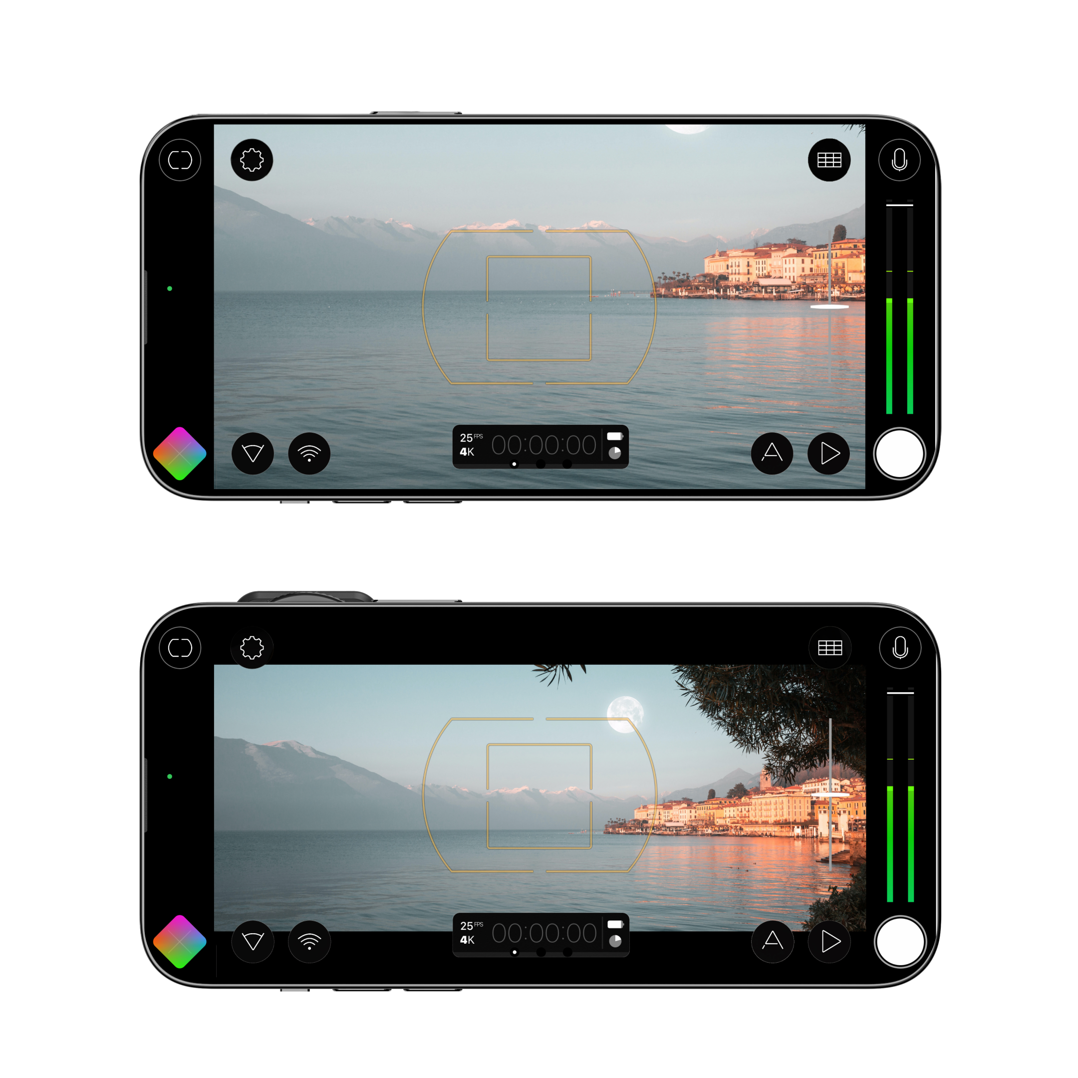 Zwei Smartphones zeigen eine Seeszene und eine Nachtszene mit Mond und Stadtlichtern.