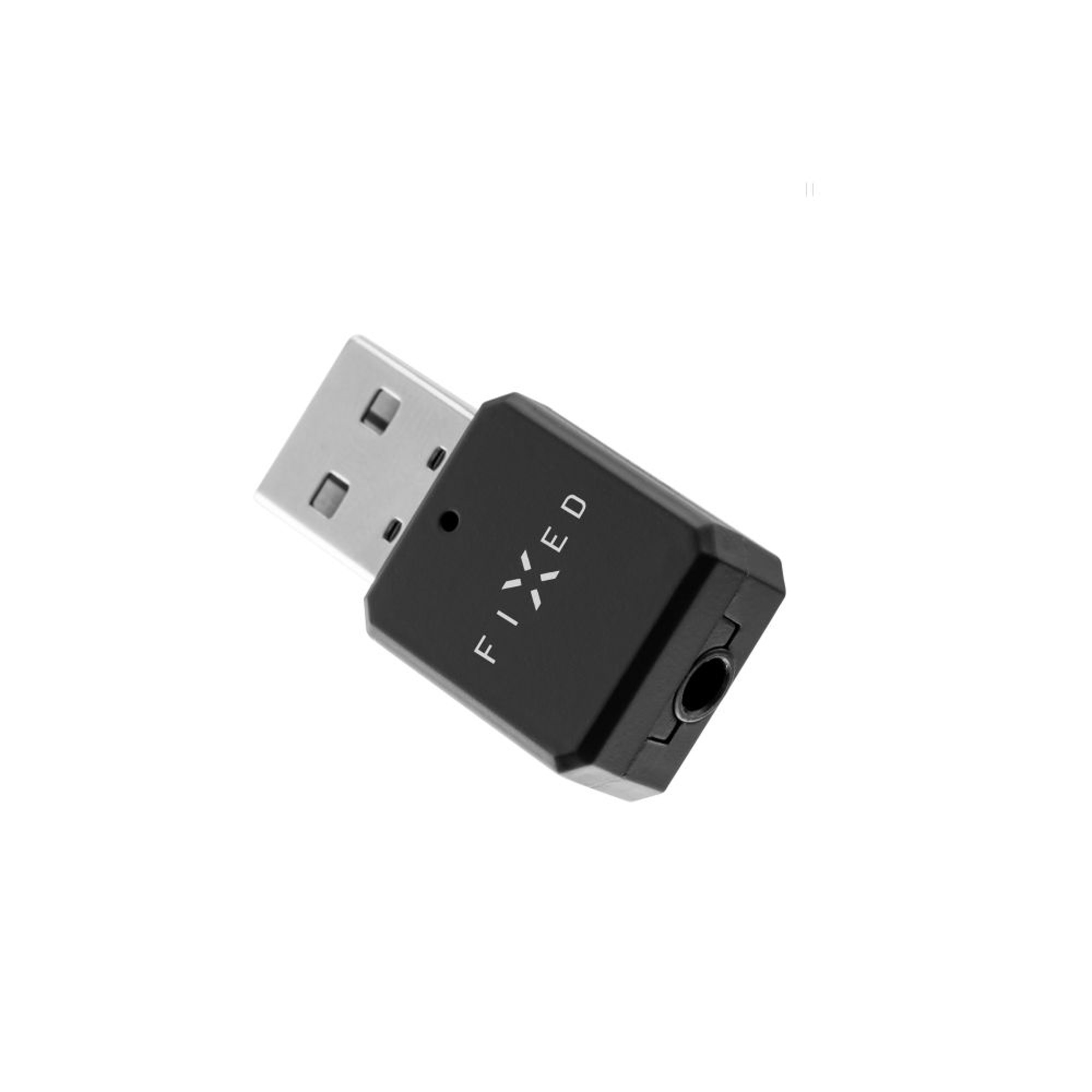 Adattatore audio FIXED USB-C a 3,5 mm nero. È un piccolo dispositivo rettangolare con USB-C e jack da 3,5 mm.