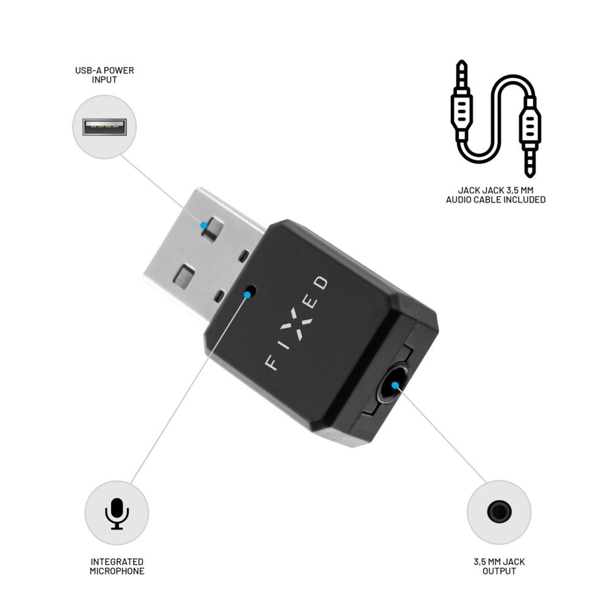 Adattatore nero con ingressi USB e jack da 3,5 mm, microfono integrato, su sfondo bianco.