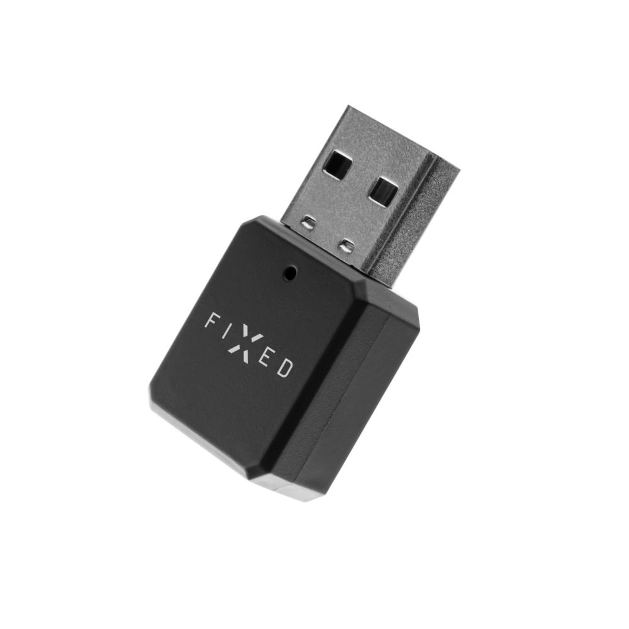 Adattatore da USB-C a USB nero con logo FIXED bianco su sfondo bianco.